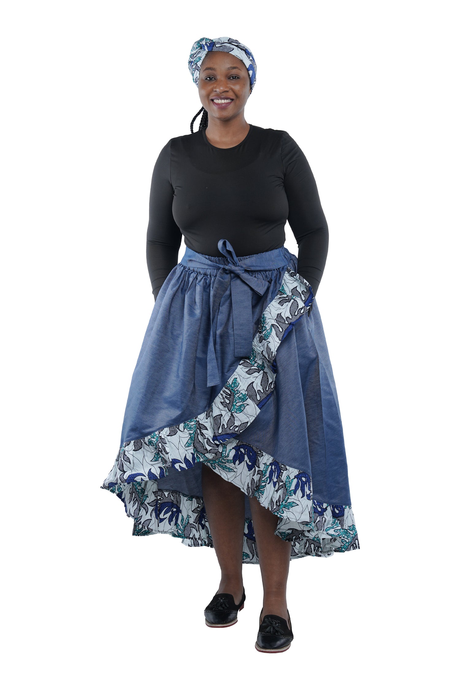 Denim African Trim High Low Ruffled Skirt