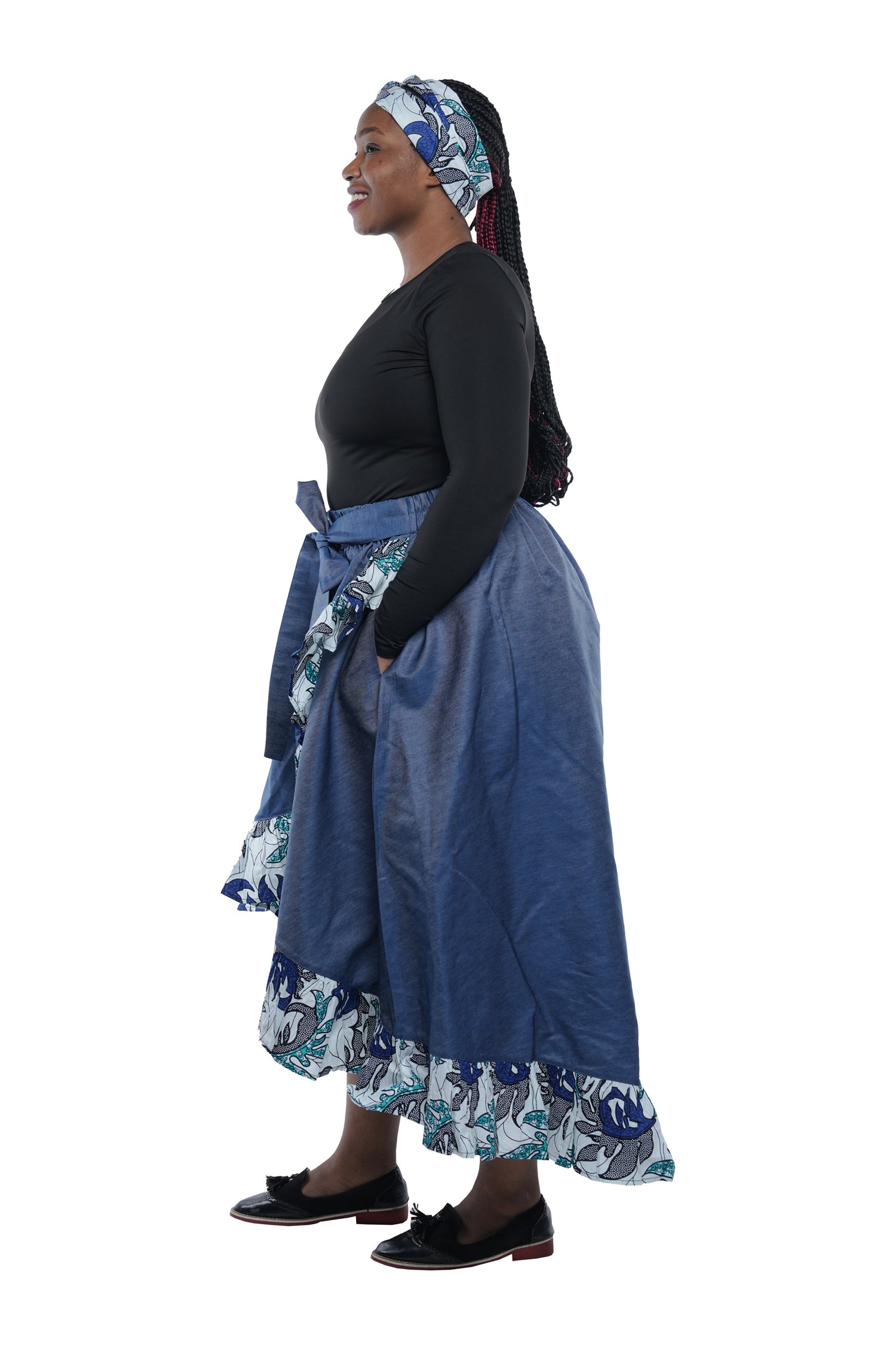 Denim African Trim High Low Ruffled Skirt