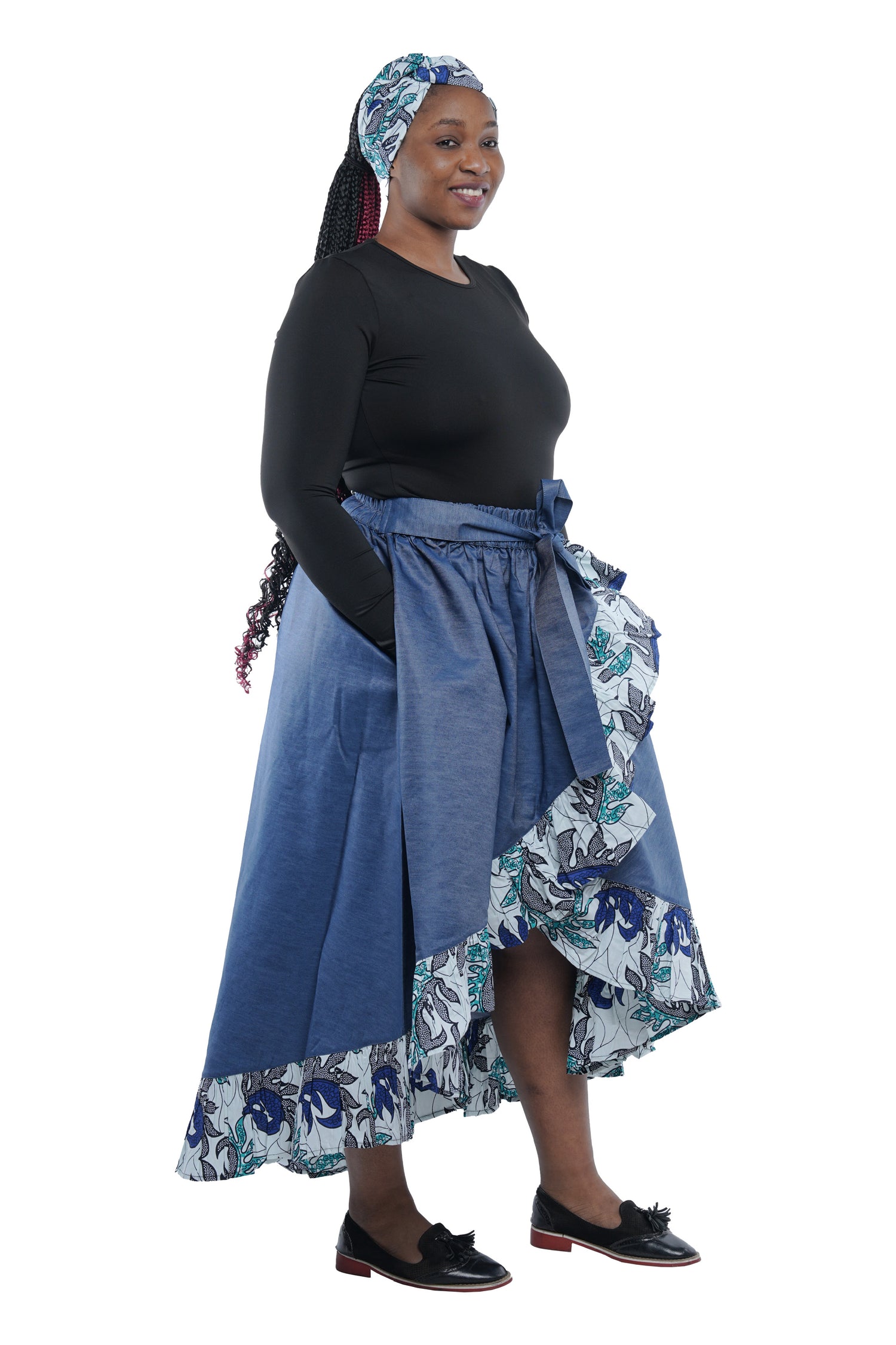 Denim African Trim High Low Ruffled Skirt