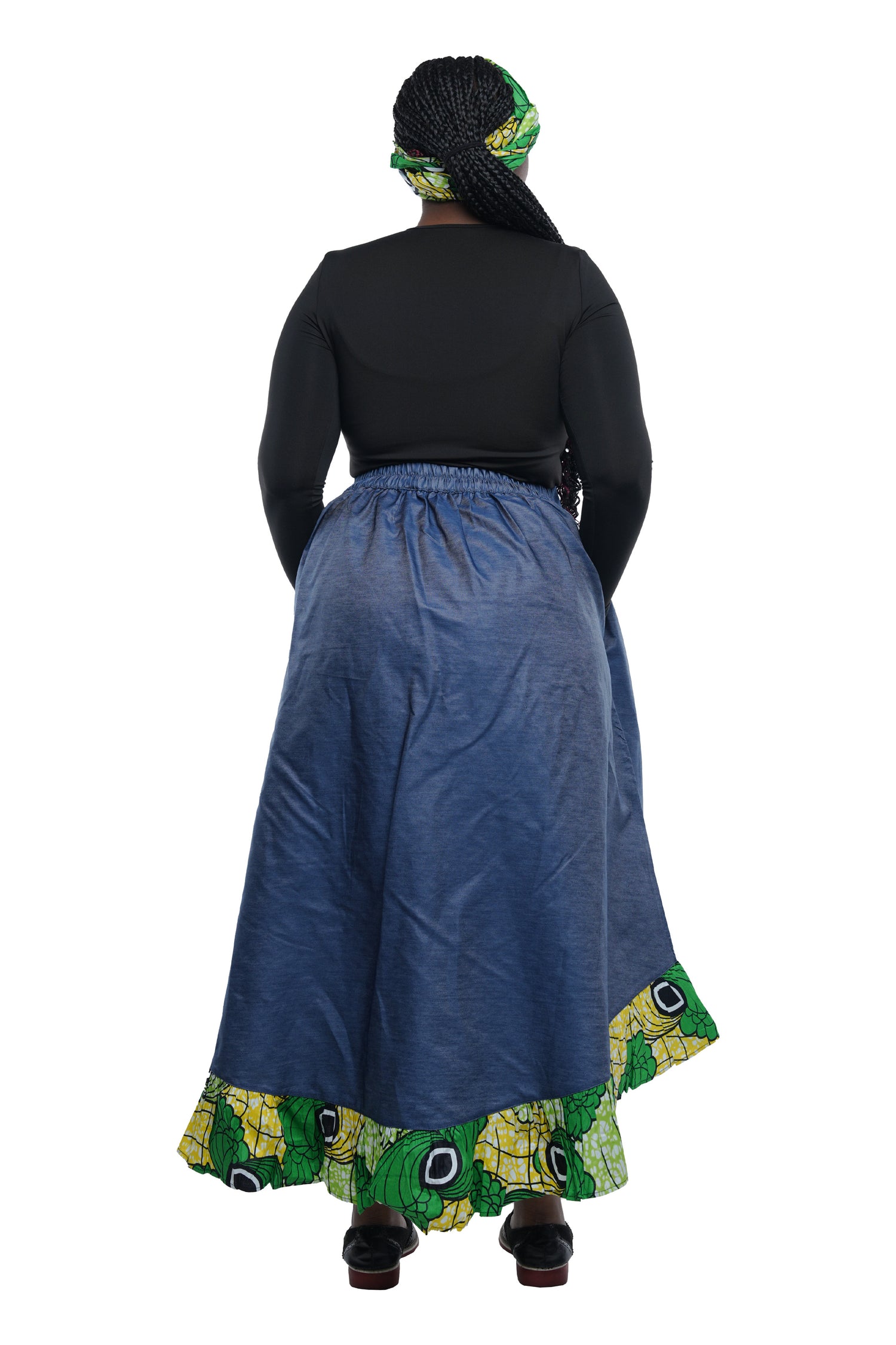 Denim African Trim High Low Ruffled Skirt
