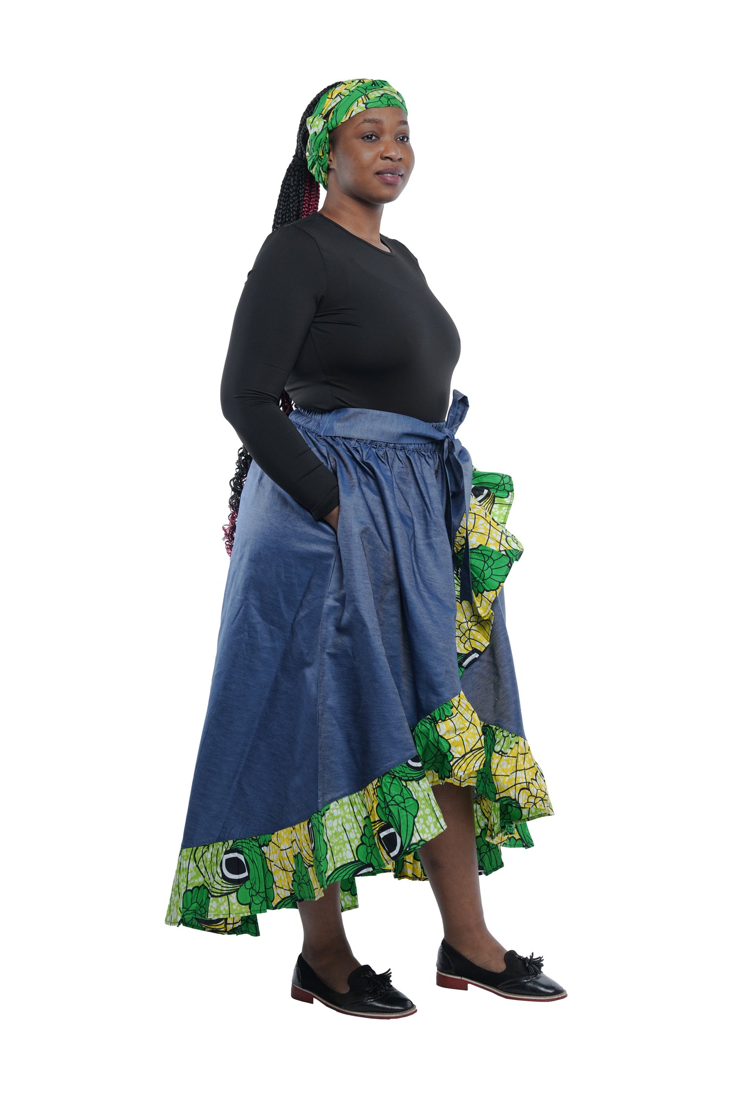 Denim African Trim High Low Ruffled Skirt