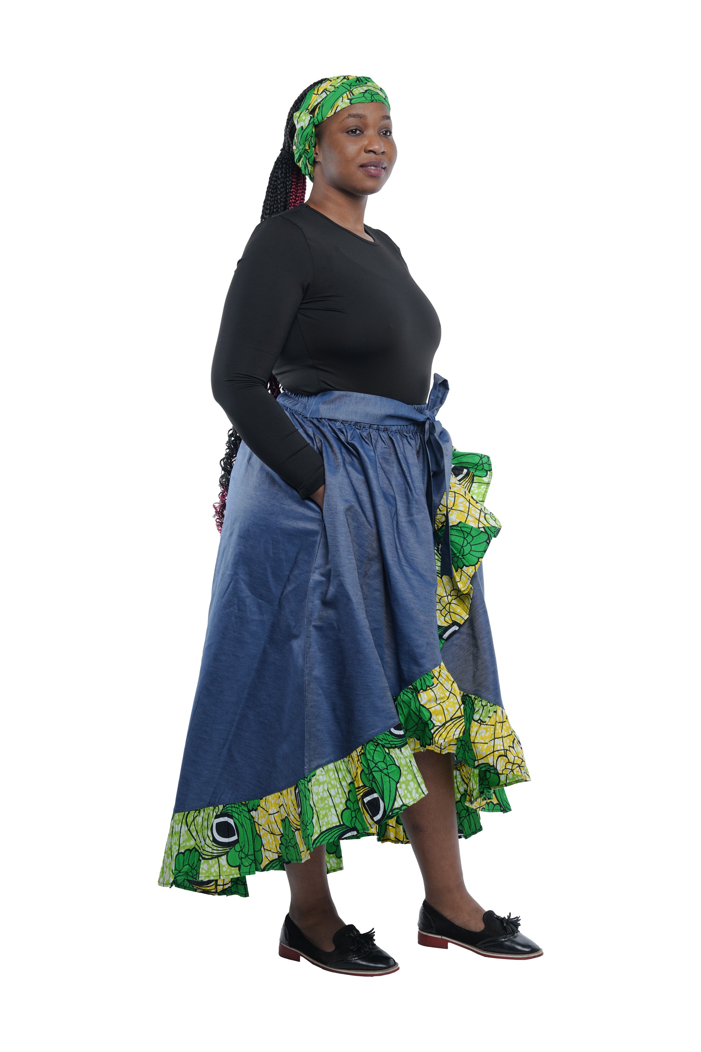 Denim African Trim High Low Ruffled Skirt