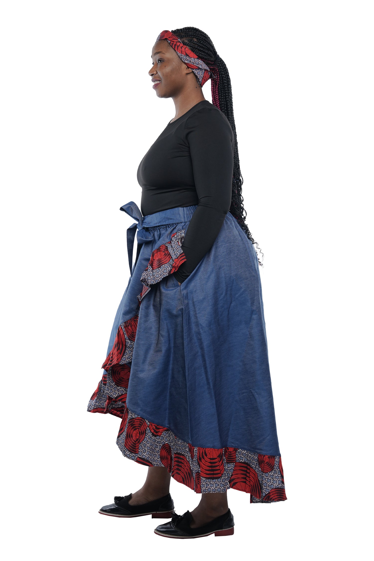 Denim African Trim High Low Ruffled Skirt
