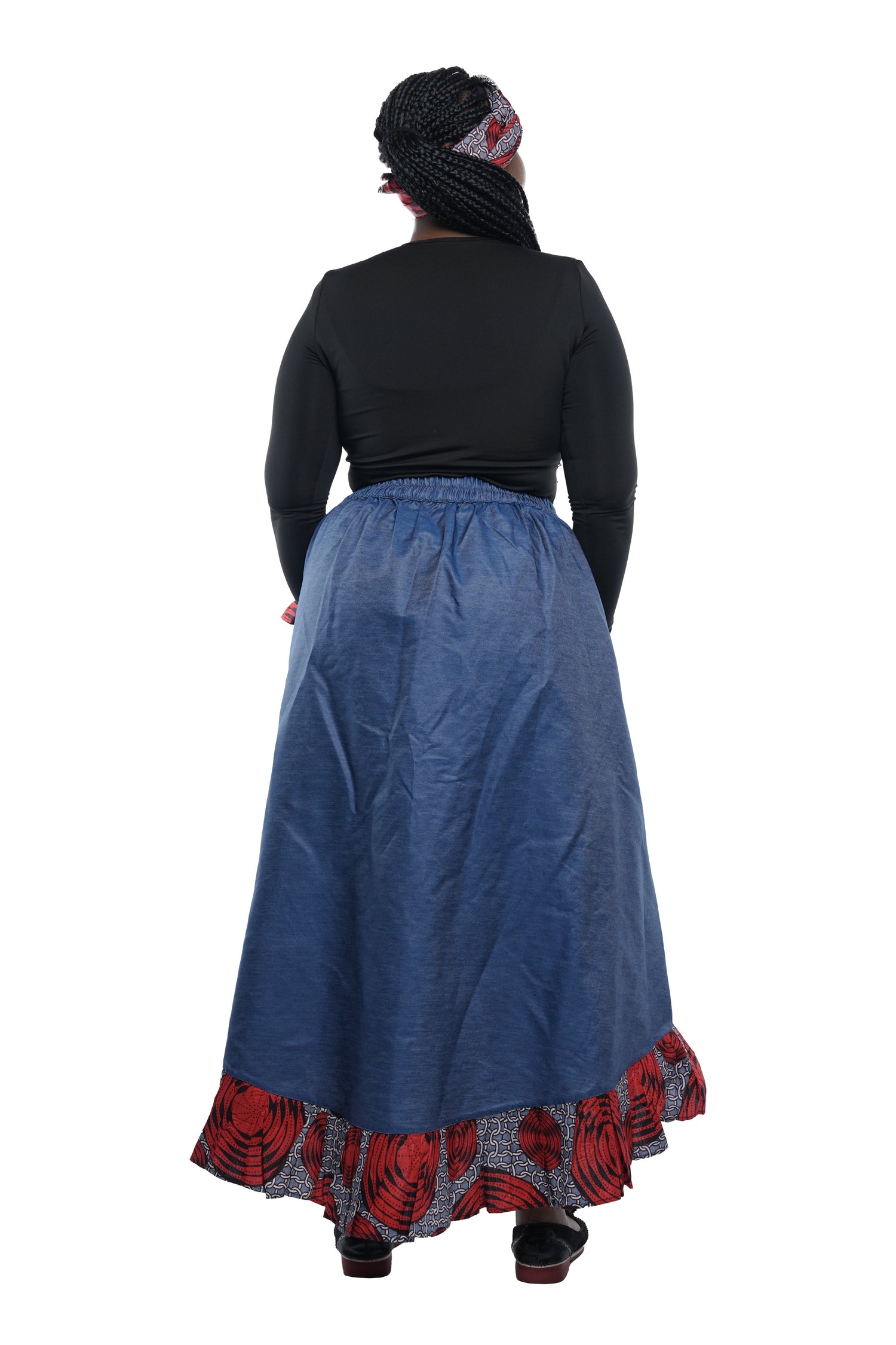 Denim African Trim High Low Ruffled Skirt