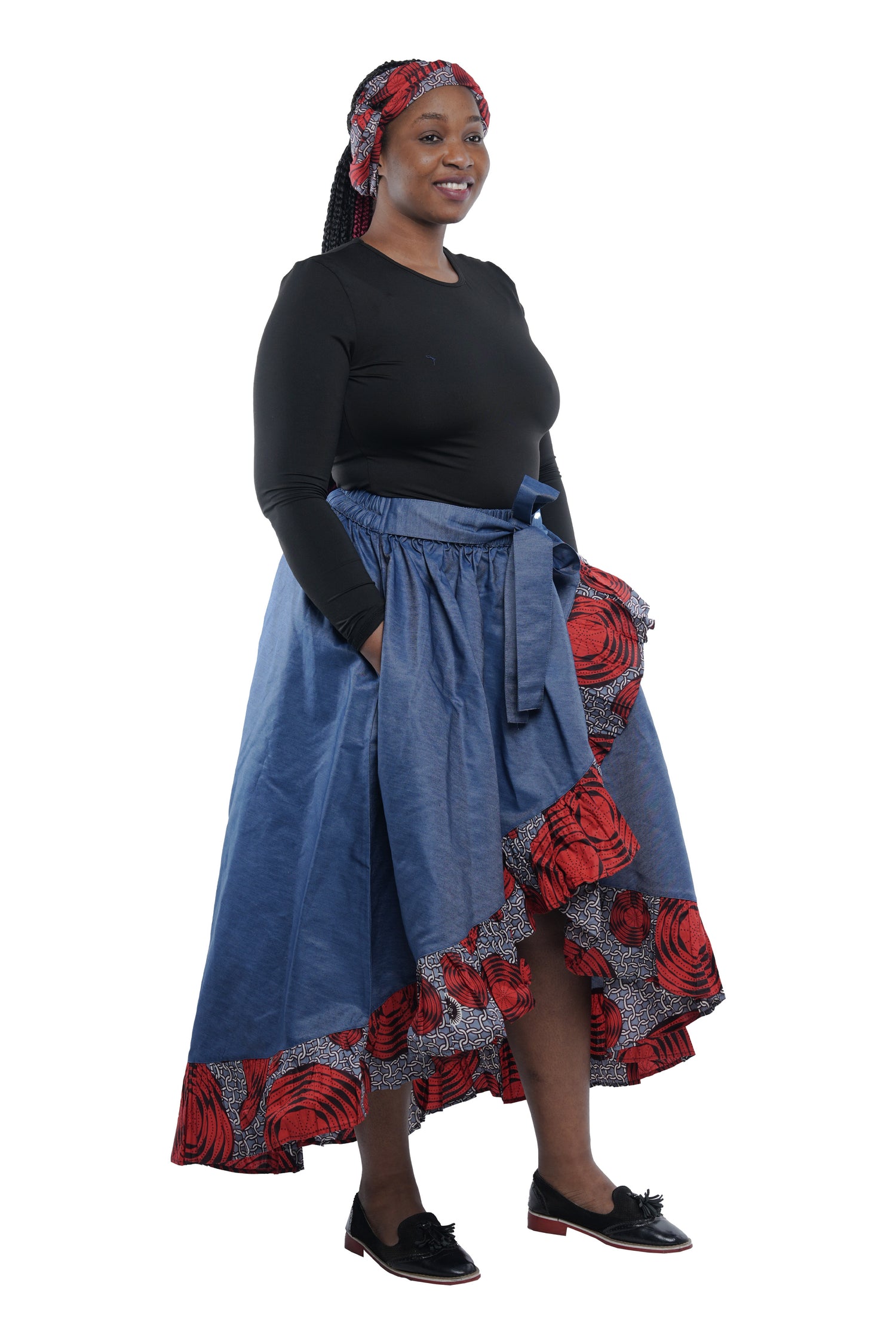 Denim African Trim High Low Ruffled Skirt