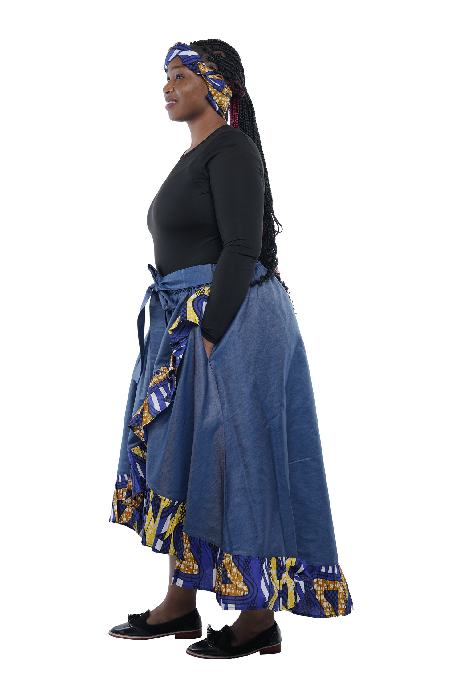Denim African Trim High Low Ruffled Skirt