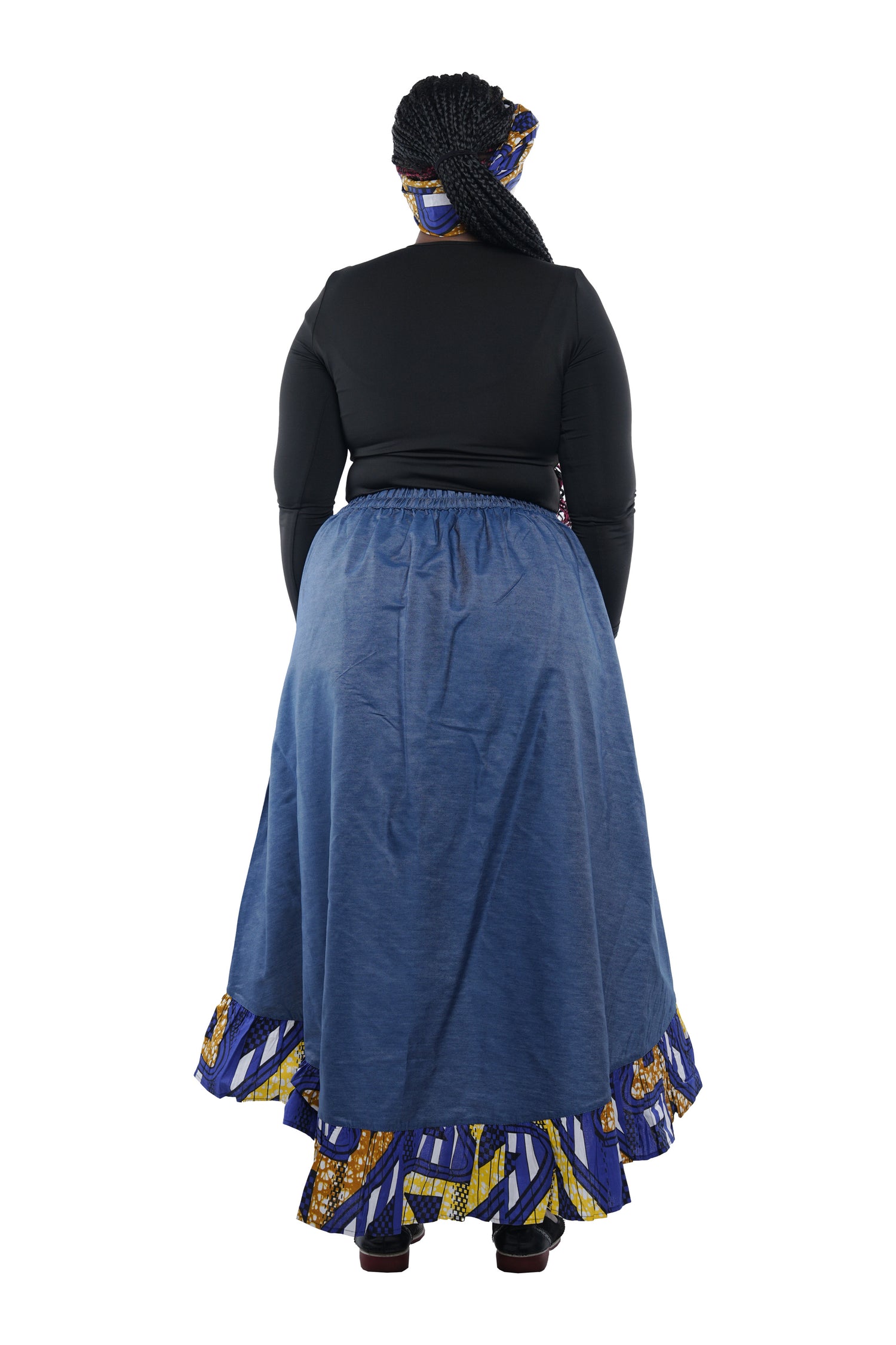 Denim African Trim High Low Ruffled Skirt
