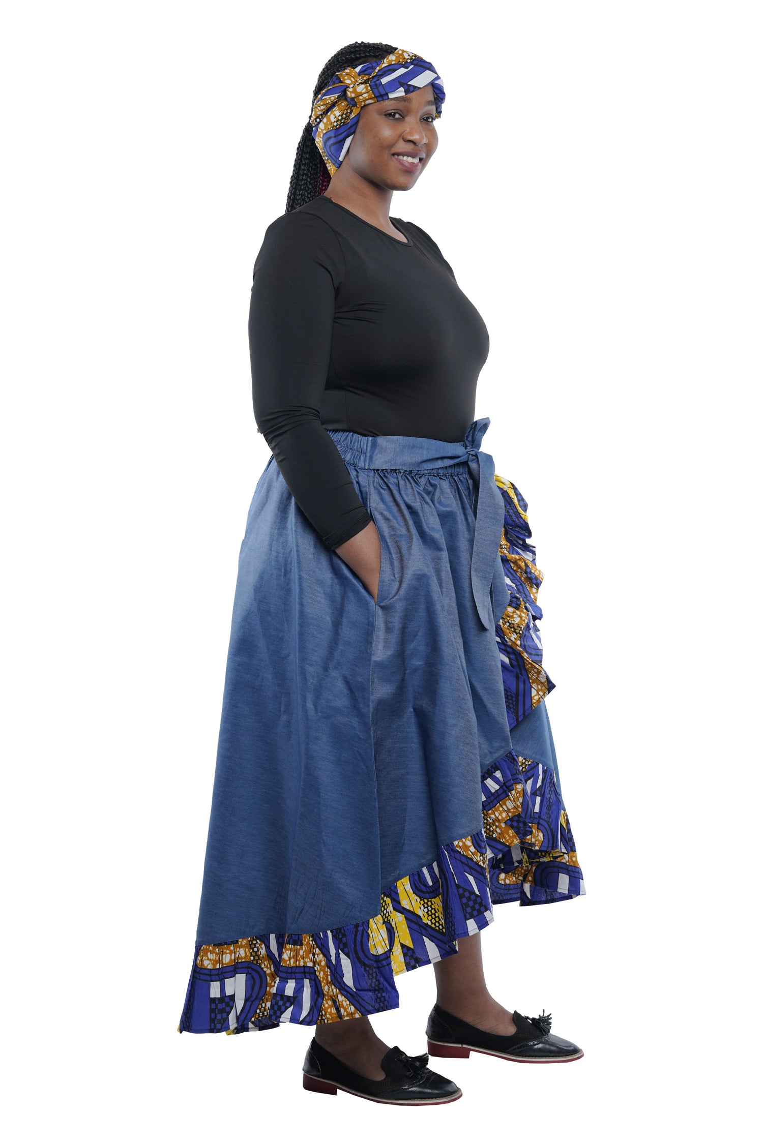 Denim African Trim High Low Ruffled Skirt