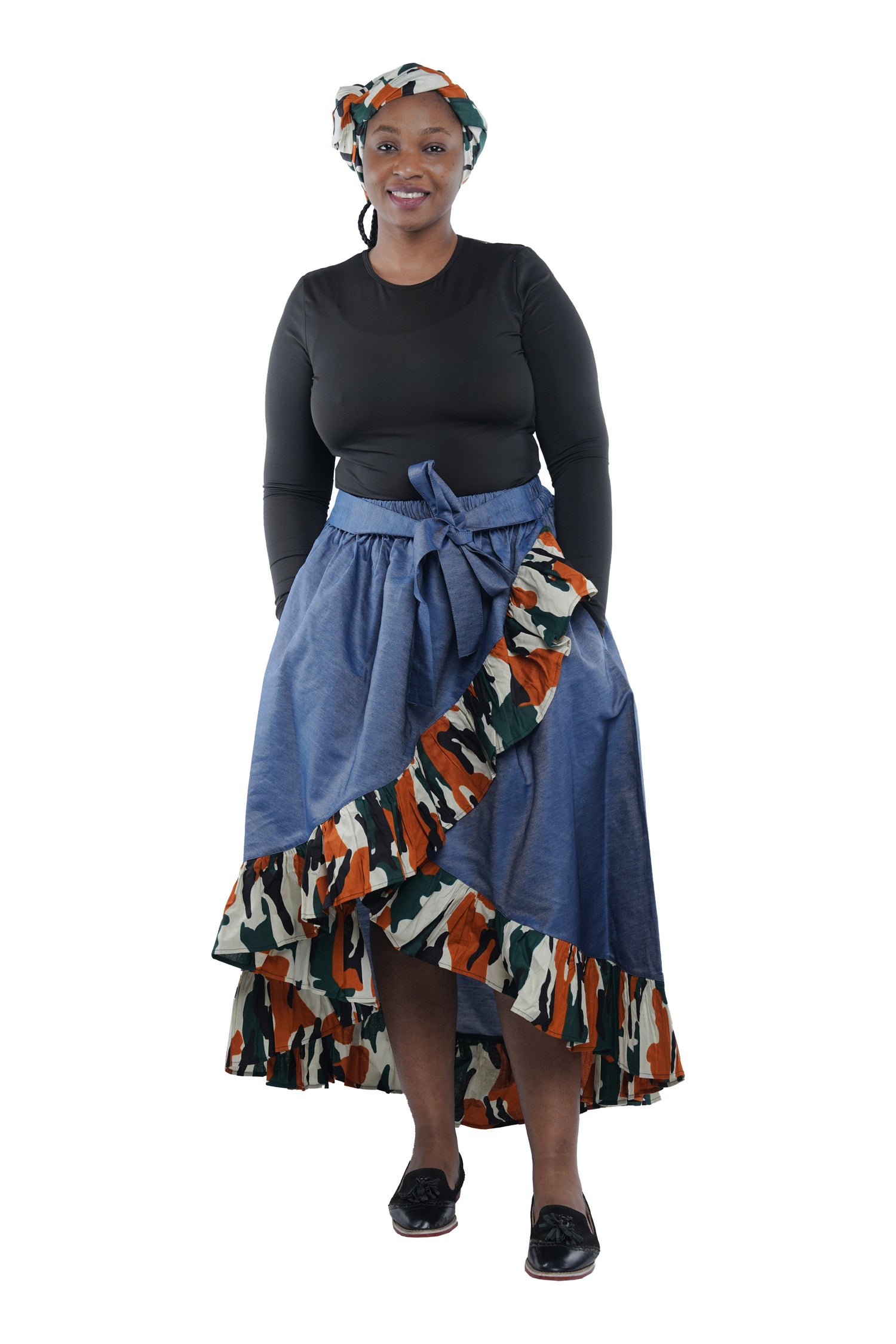 Denim African Trim High Low Ruffled Skirt