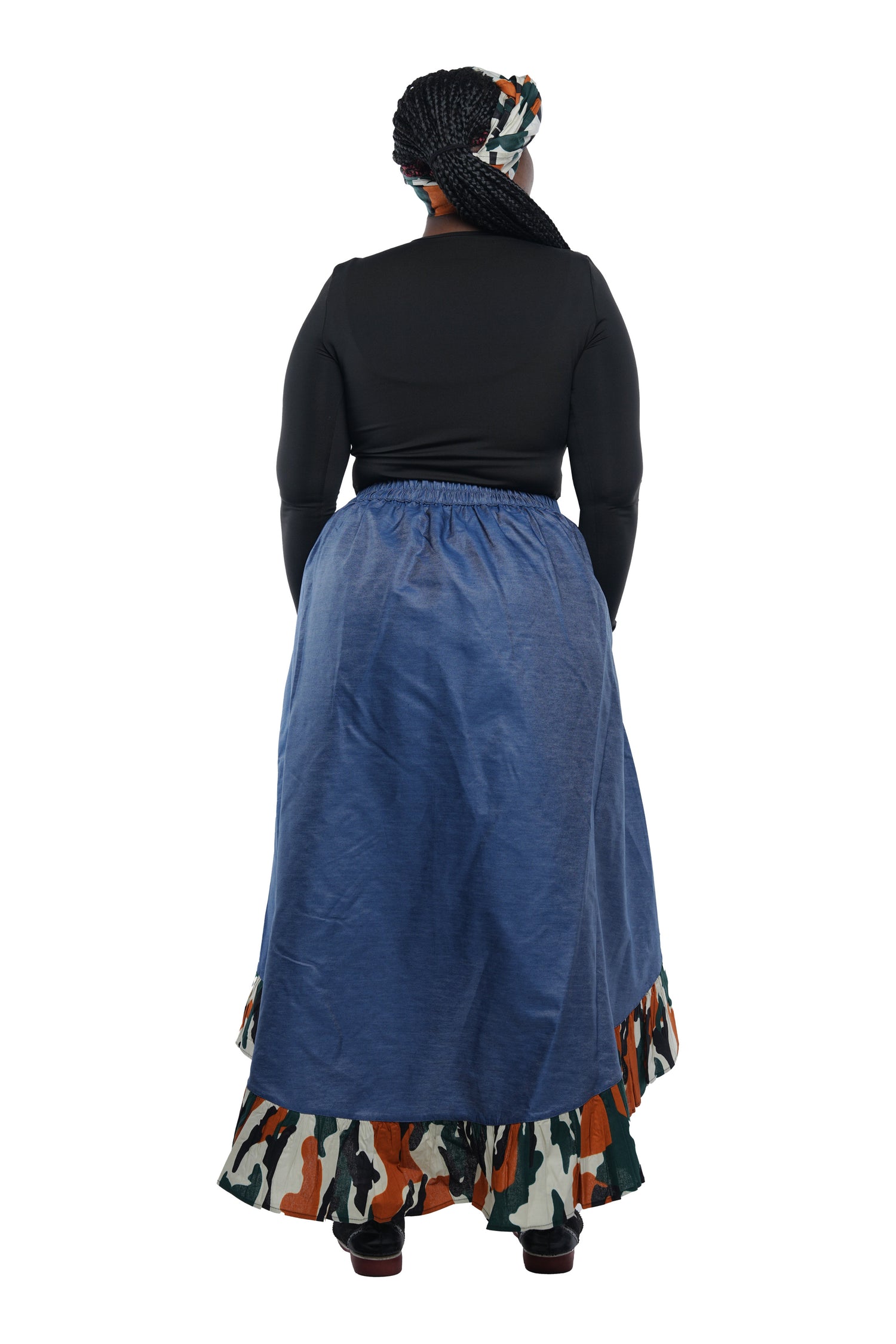 Denim African Trim High Low Ruffled Skirt