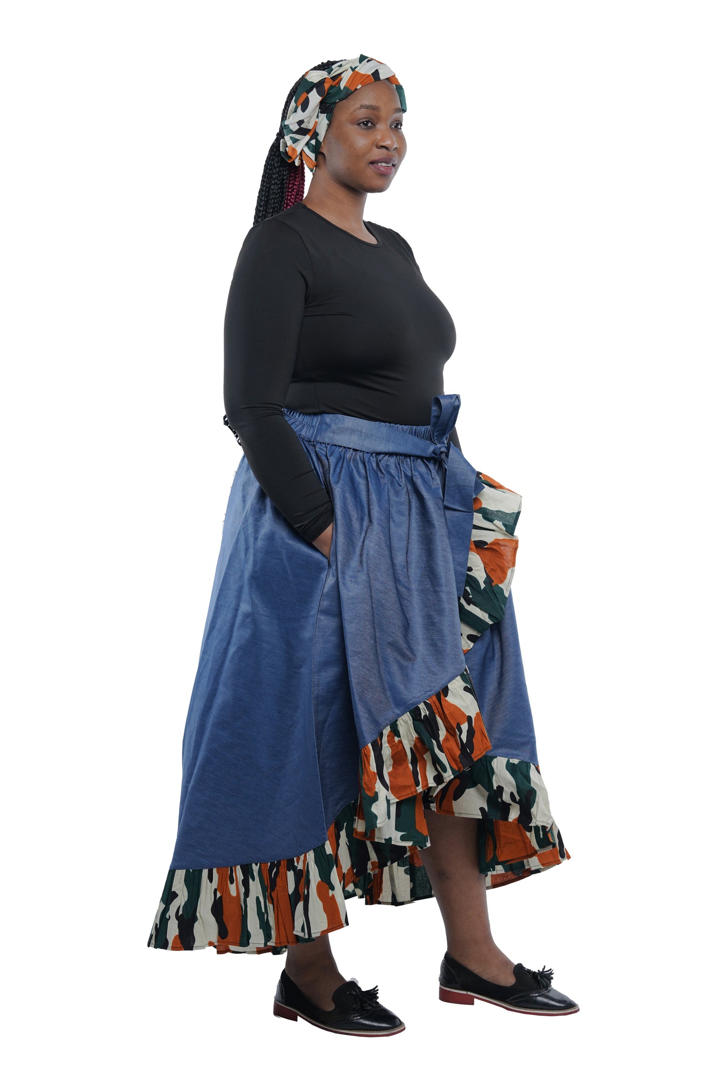 Denim African Trim High Low Ruffled Skirt
