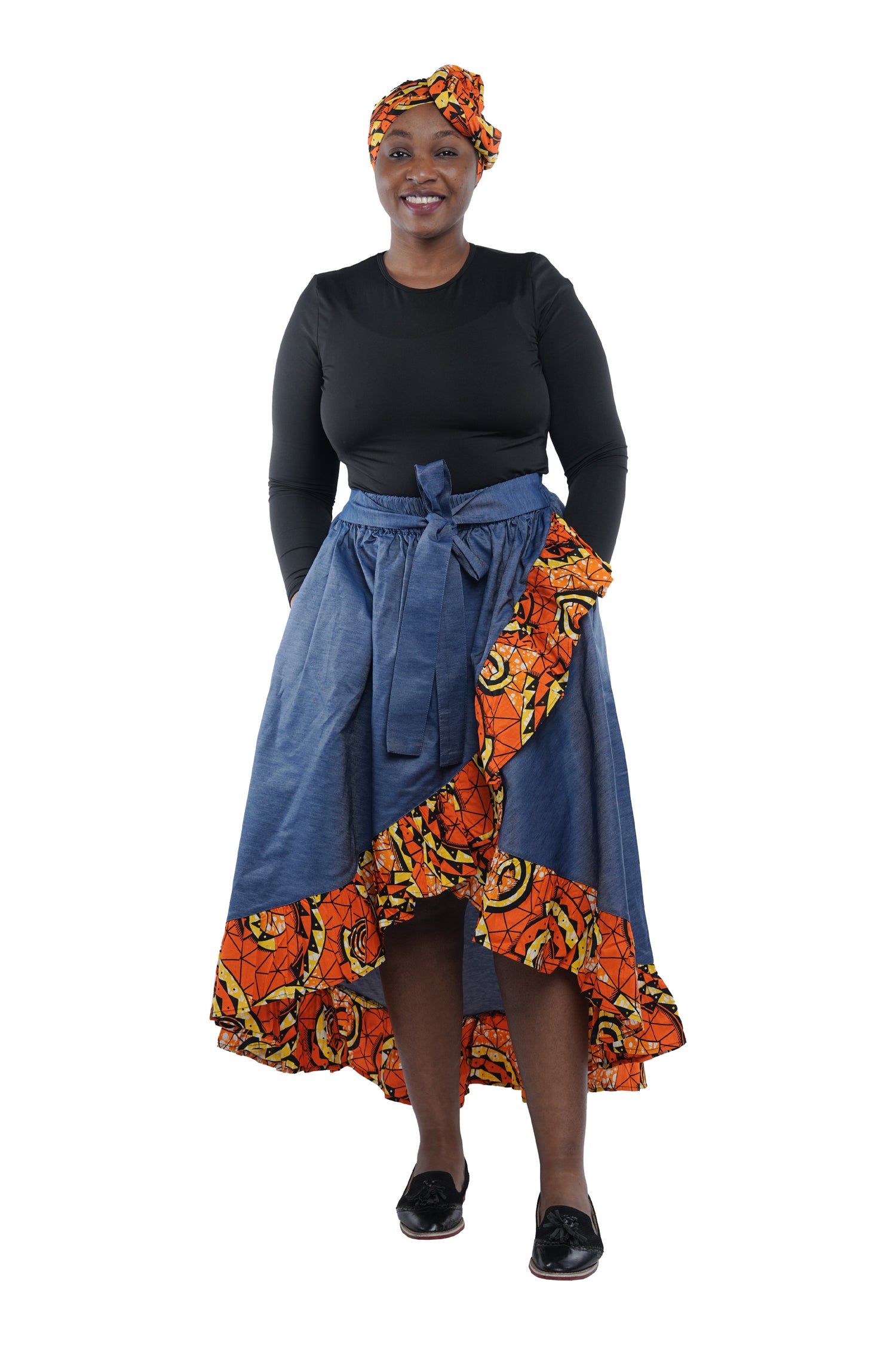 Denim African Trim High Low Ruffled Skirt