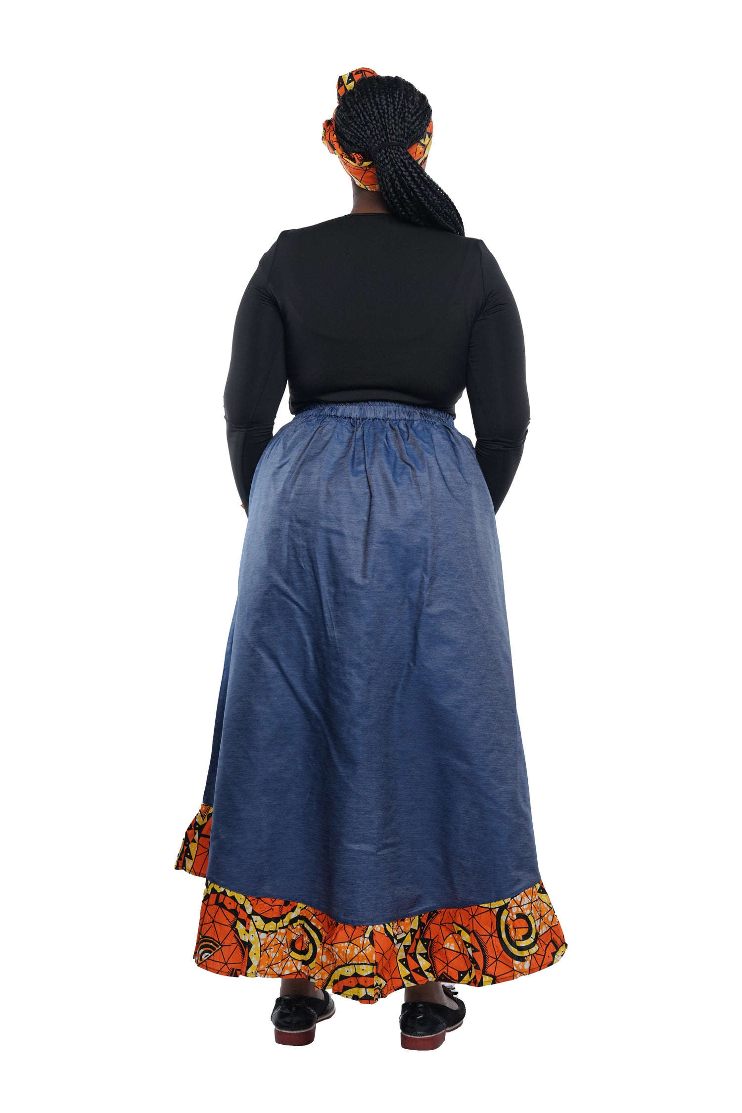 Denim African Trim High Low Ruffled Skirt