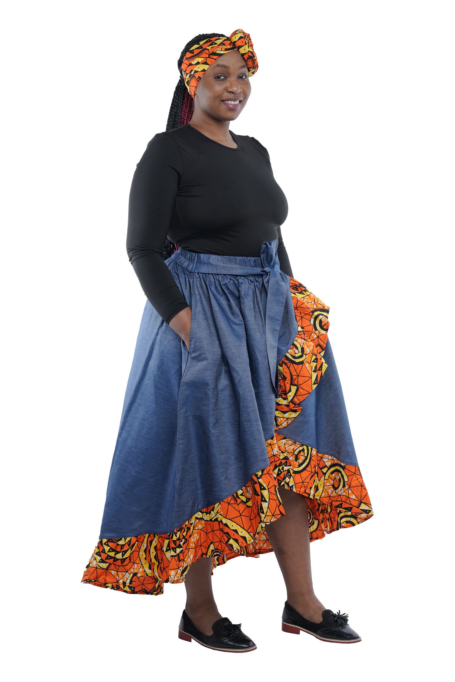Denim African Trim High Low Ruffled Skirt