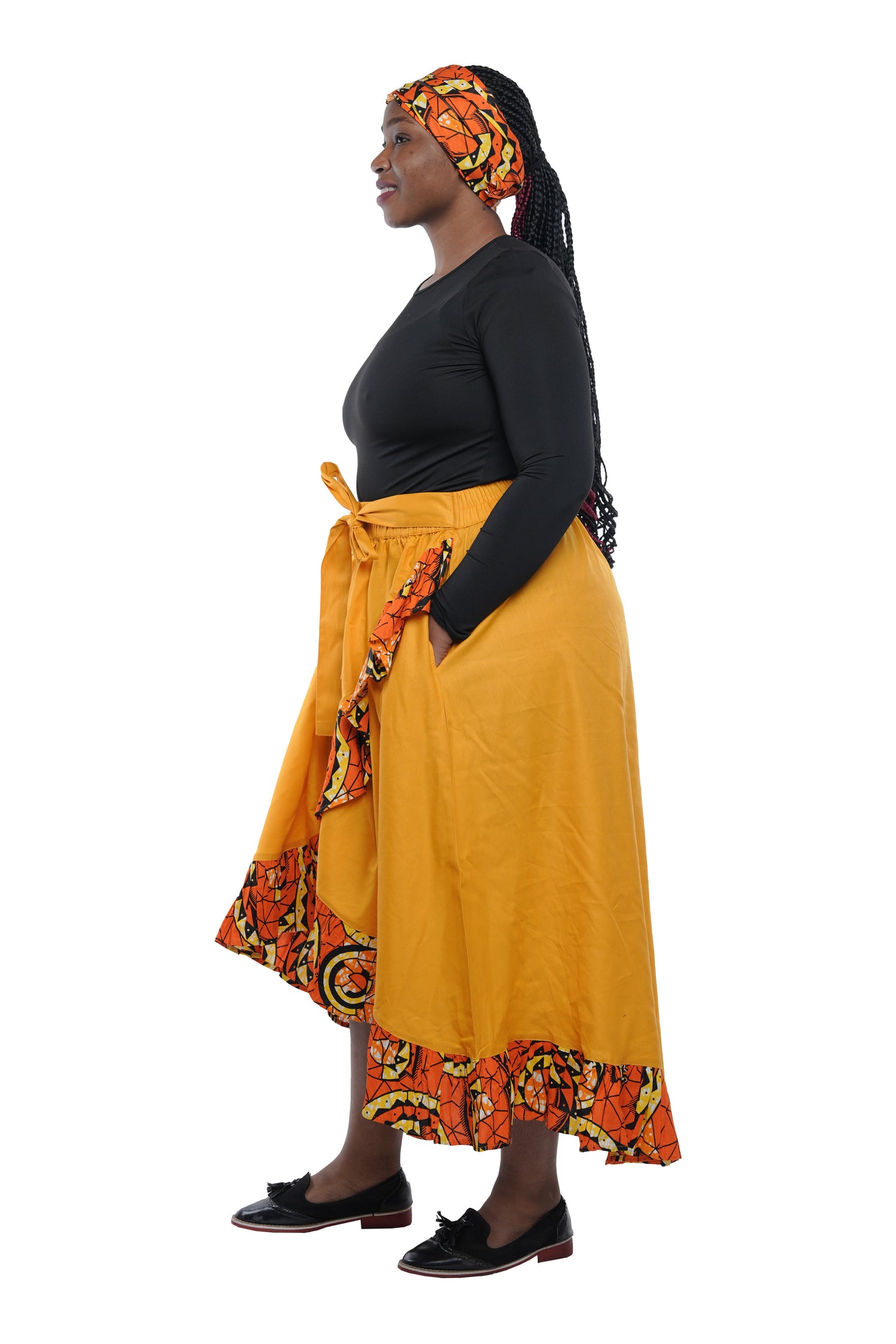 Mustard African Trim High Low Ruffled Skirt