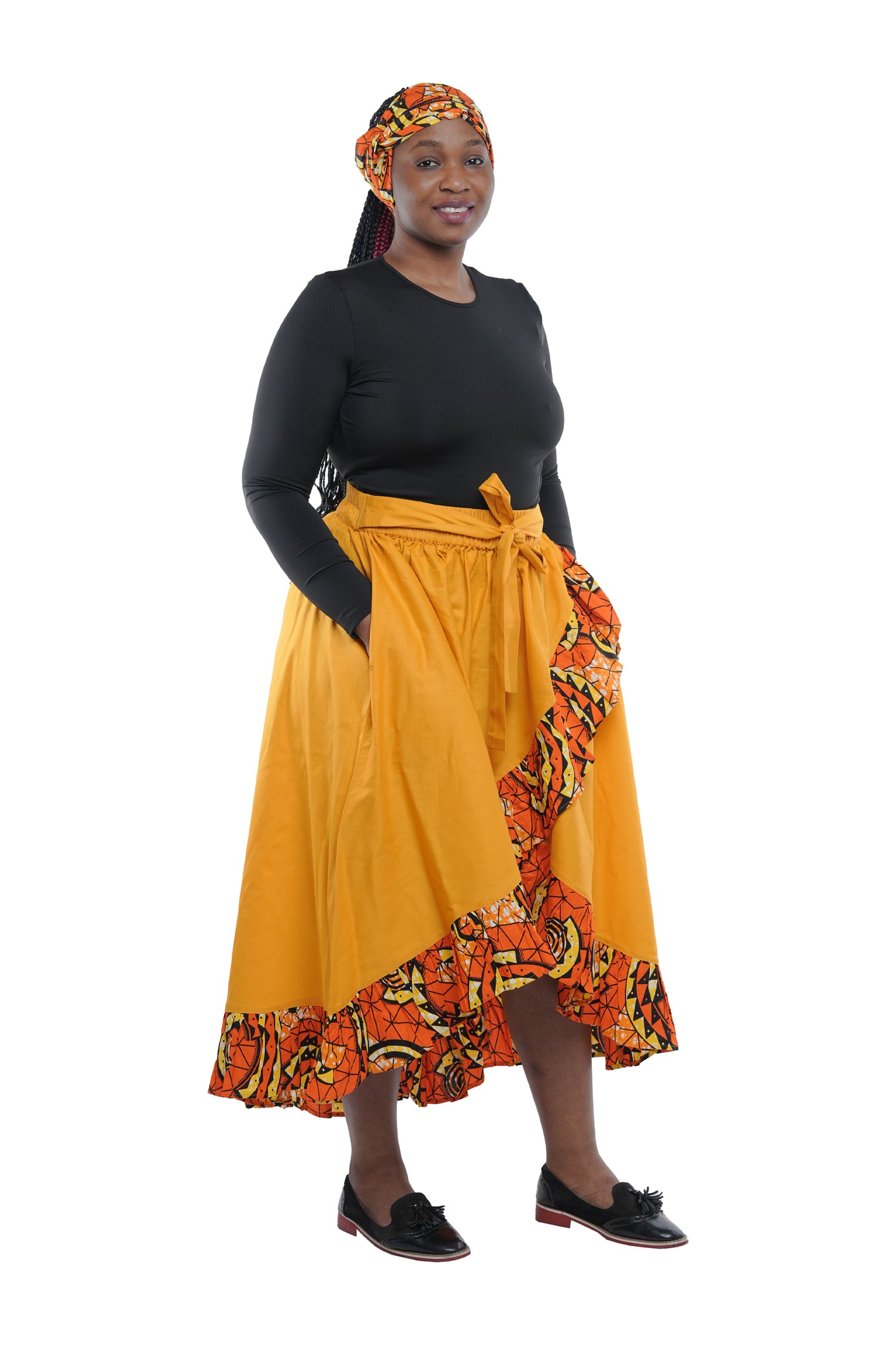 Mustard African Trim High Low Ruffled Skirt