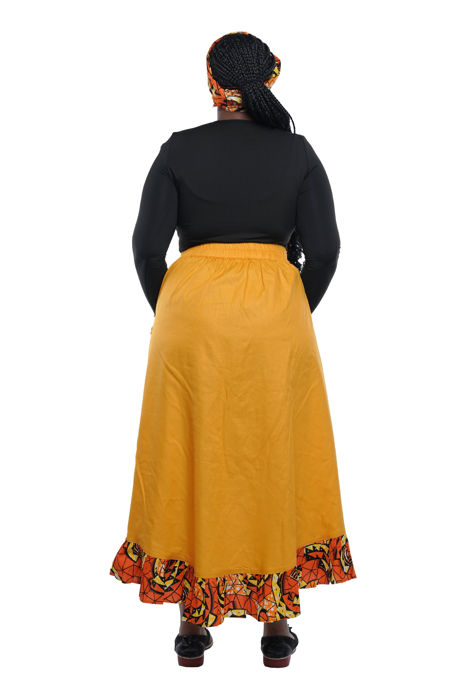 Mustard African Trim High Low Ruffled Skirt