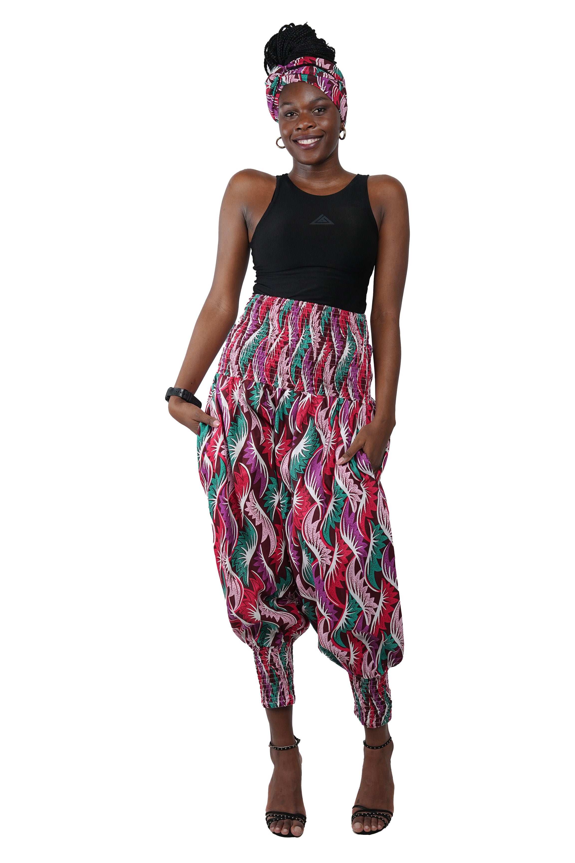 African Smocked Waist Harem Pants 100% Cotton with Pockets & Head Wrap One Size