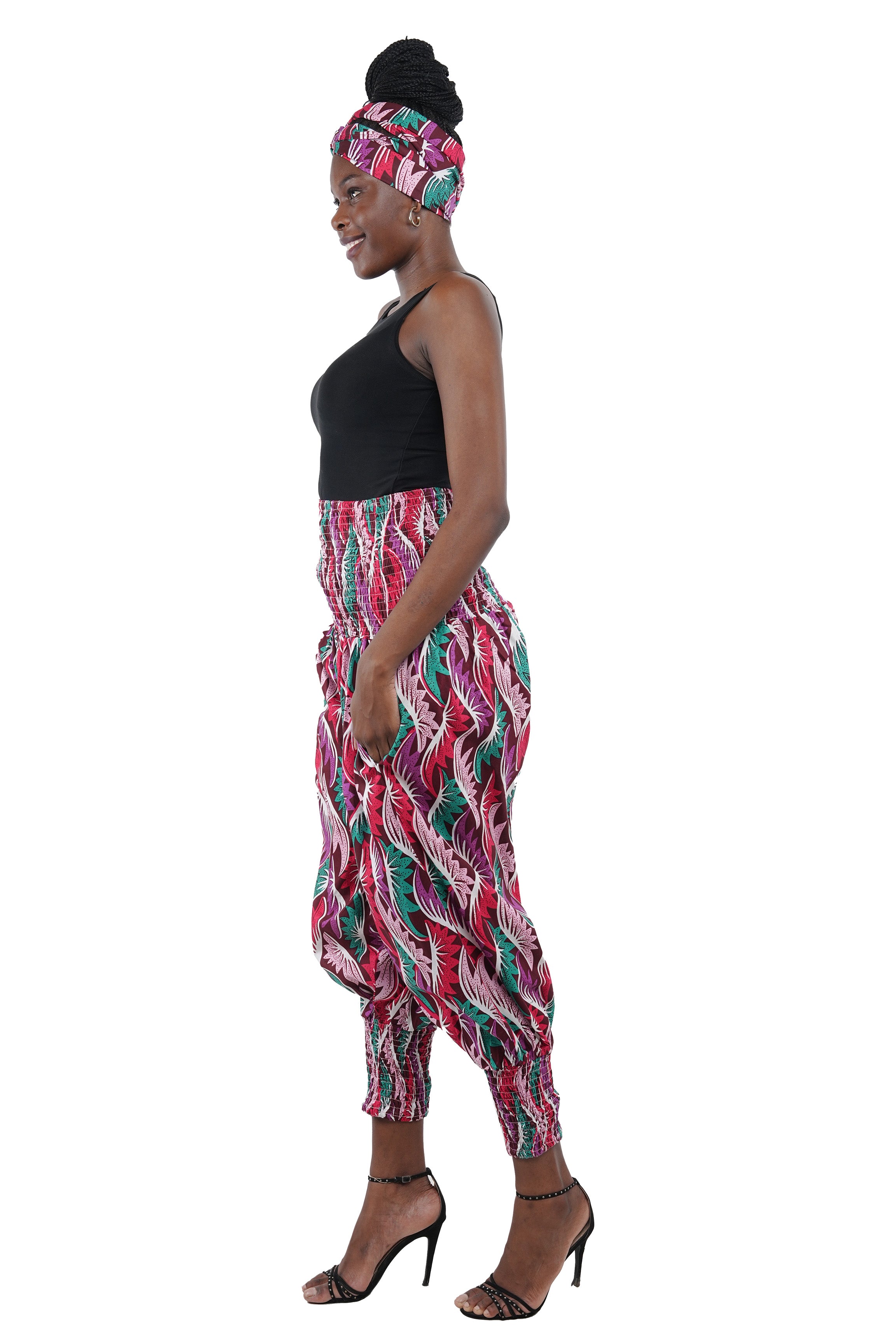 African Smocked Waist Harem Pants 100% Cotton with Pockets & Head Wrap One Size