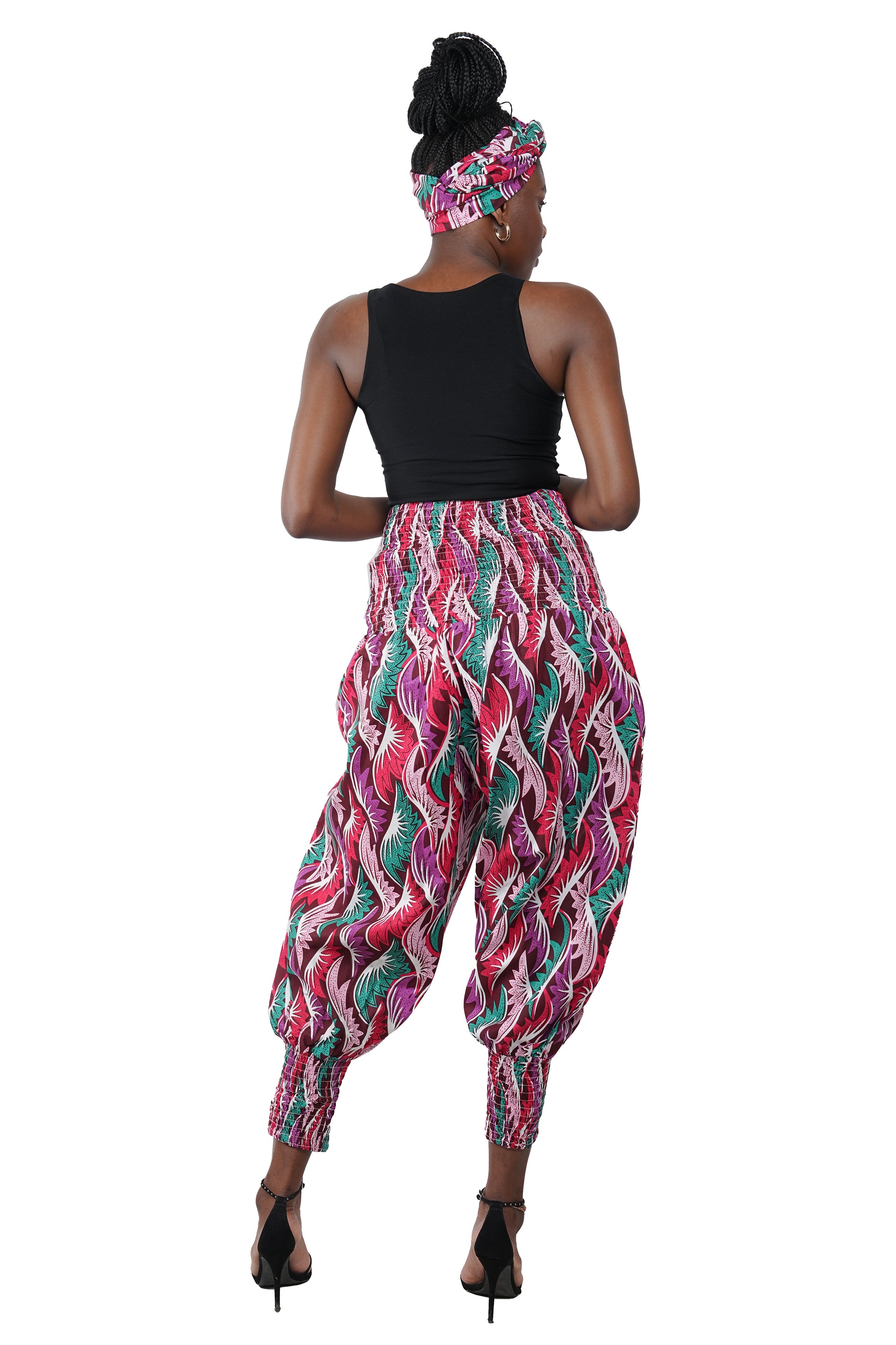 African Smocked Waist Harem Pants 100% Cotton with Pockets & Head Wrap One Size