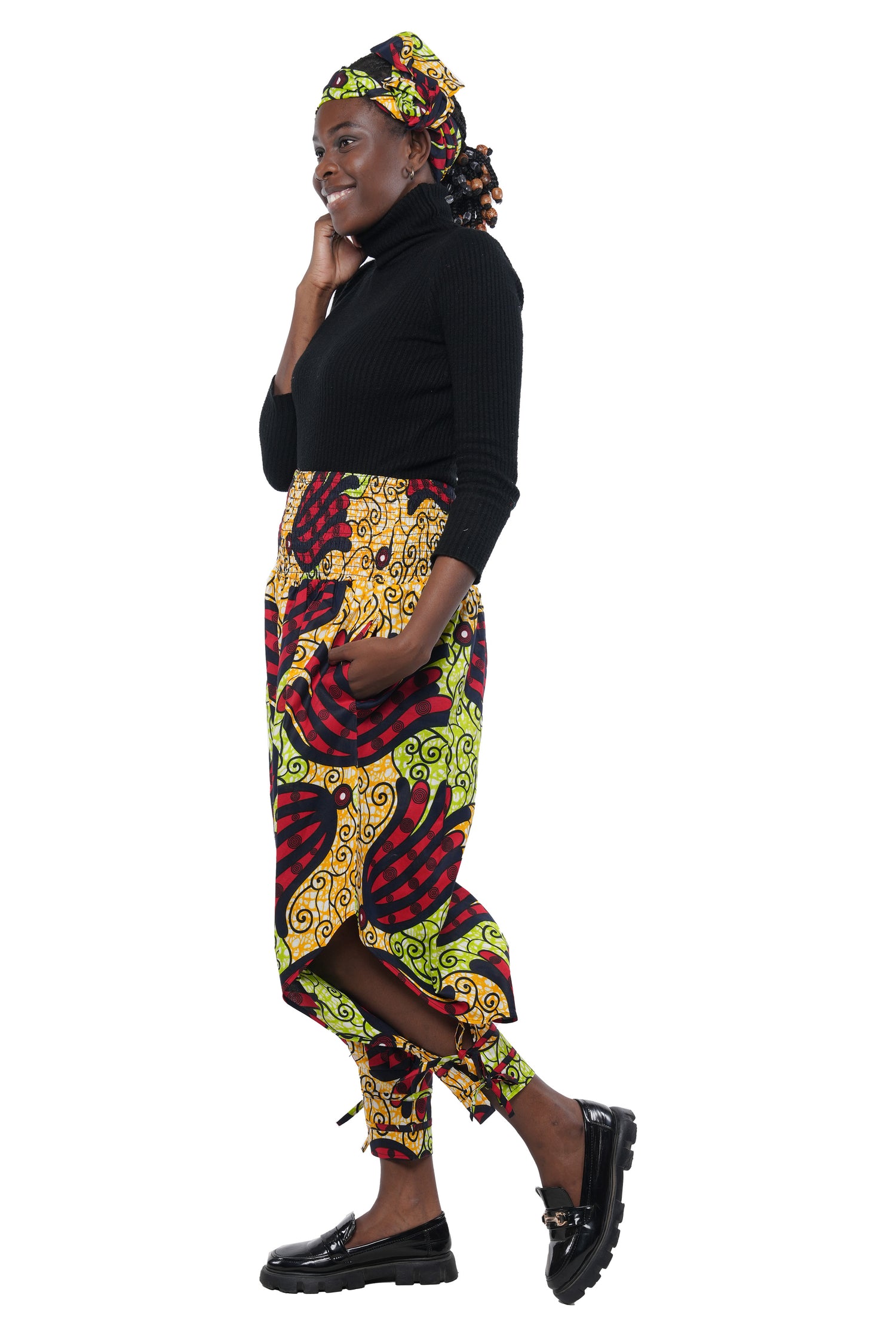 African Smocked Waist Harem Pants W/Ties 100% Cotton Two Pockets & Wrap One Size