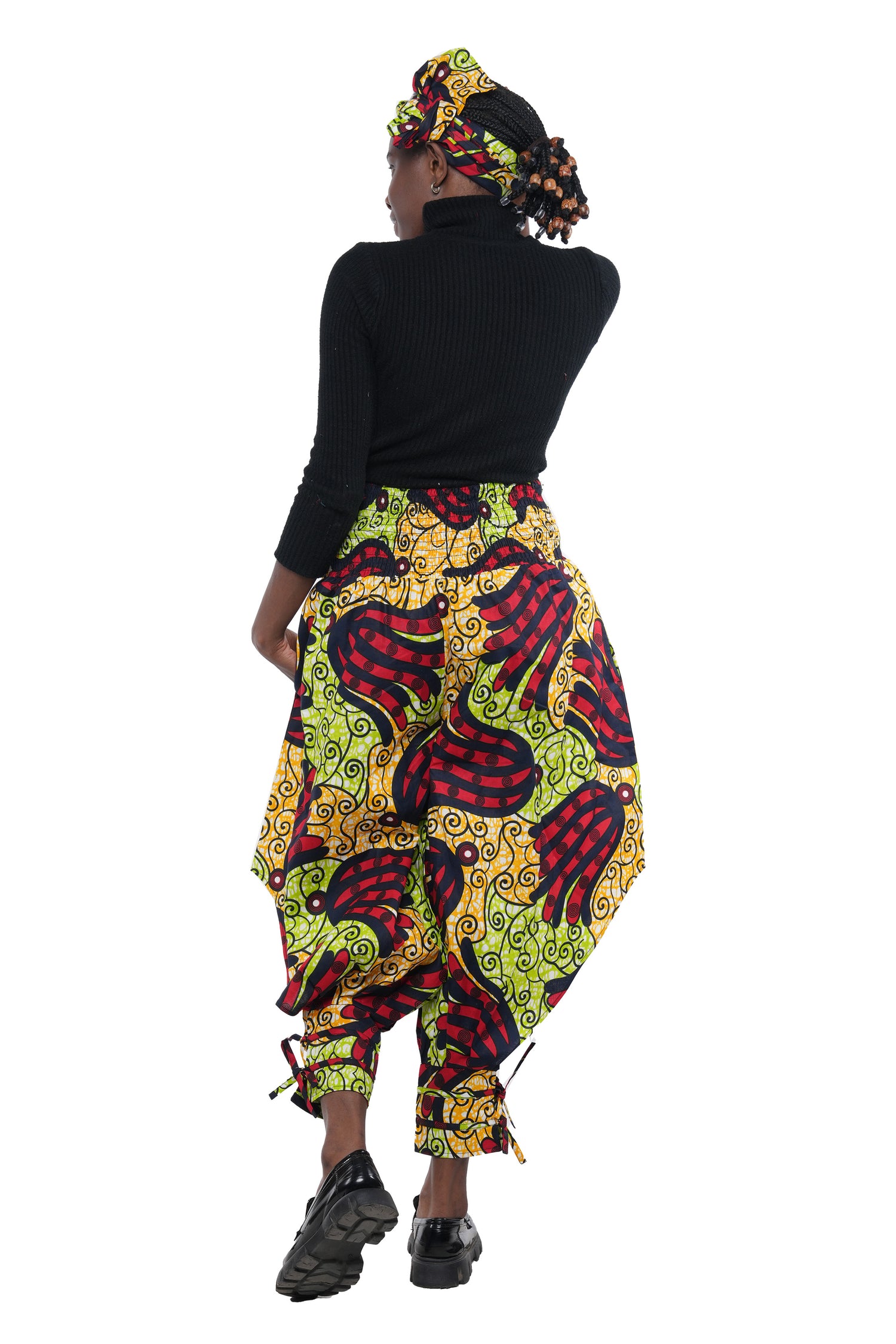 African Smocked Waist Harem Pants W/Ties 100% Cotton Two Pockets & Wrap One Size