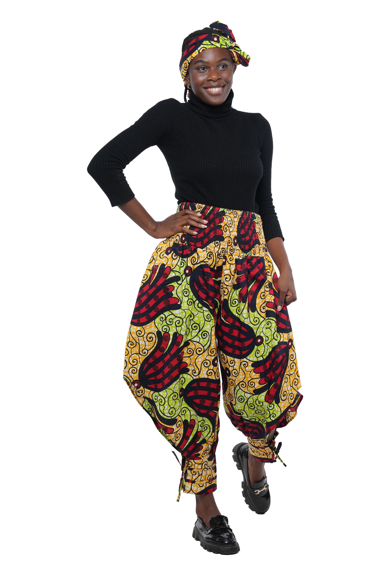 African Smocked Waist Harem Pants W/Ties 100% Cotton Two Pockets & Wrap One Size