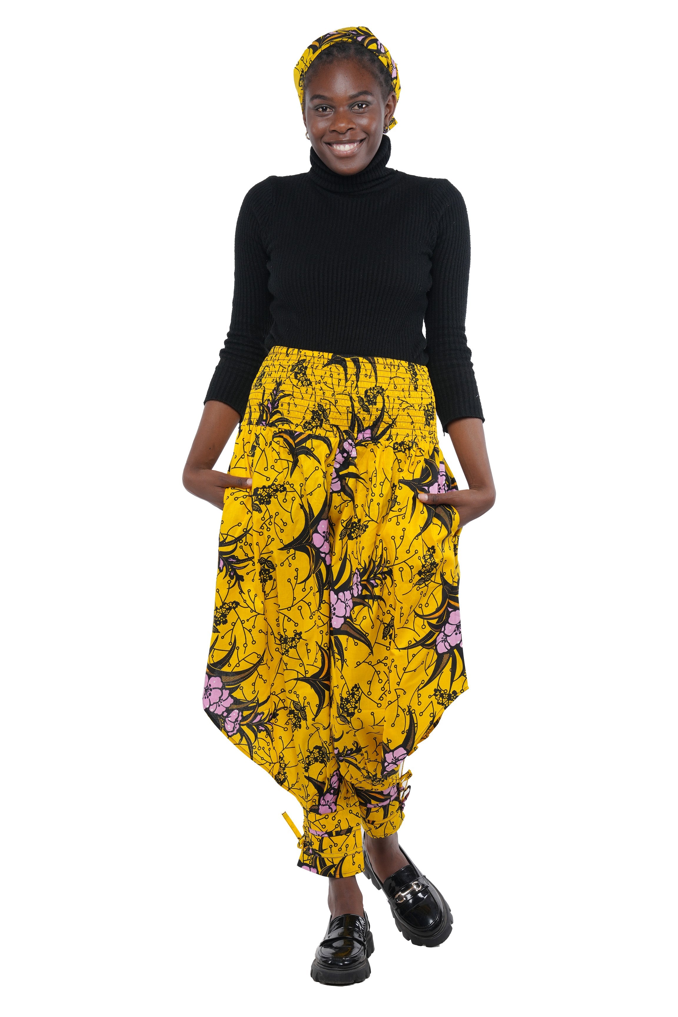 African Smocked Waist Harem Pants W/Ties 100% Cotton Two Pockets & Wrap One Size