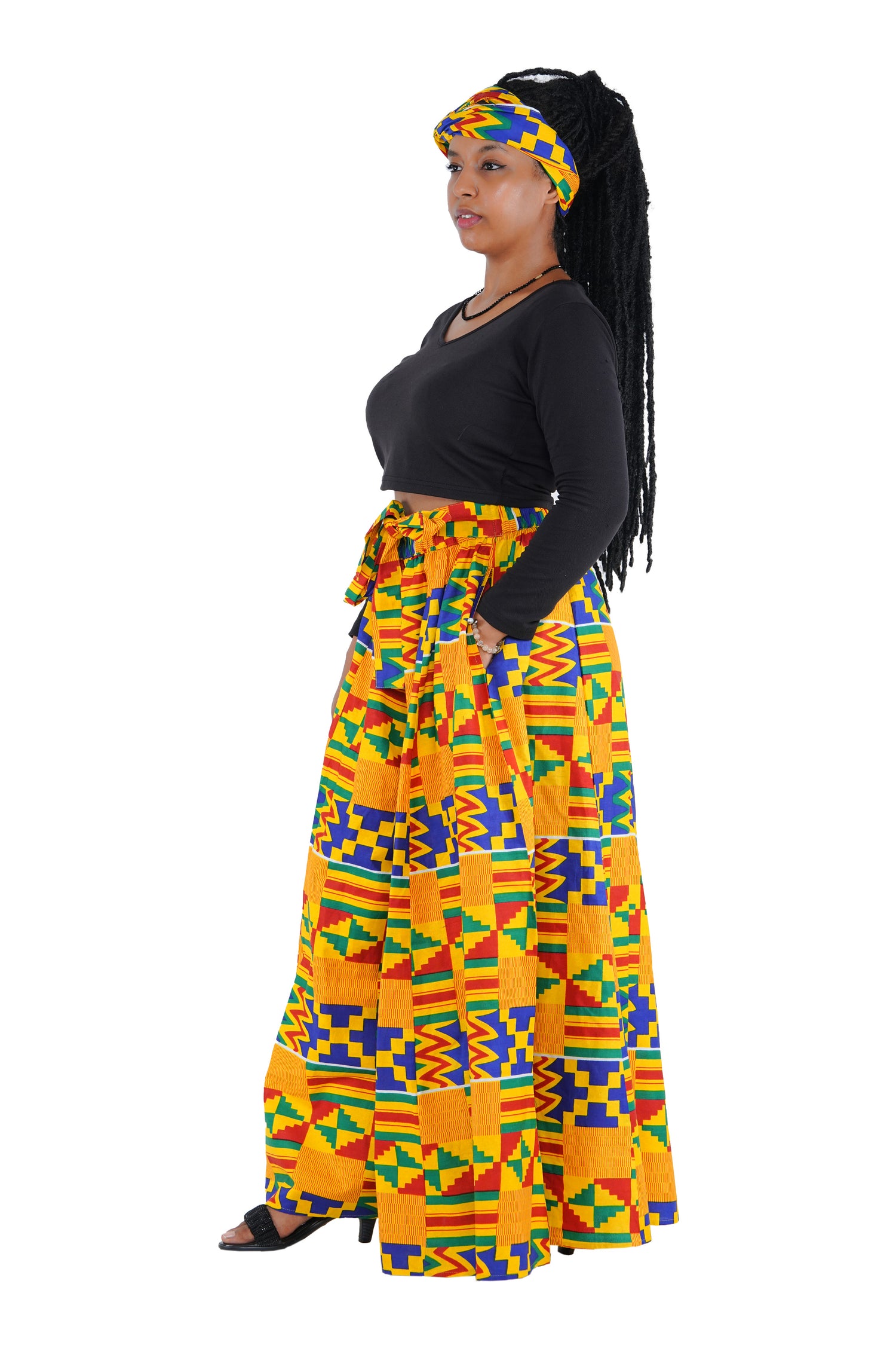 African Palazzo Pants Set w/ Headwrap | Wide Leg Cotton Pants w/ Belts & Pockets, One Size Ankara