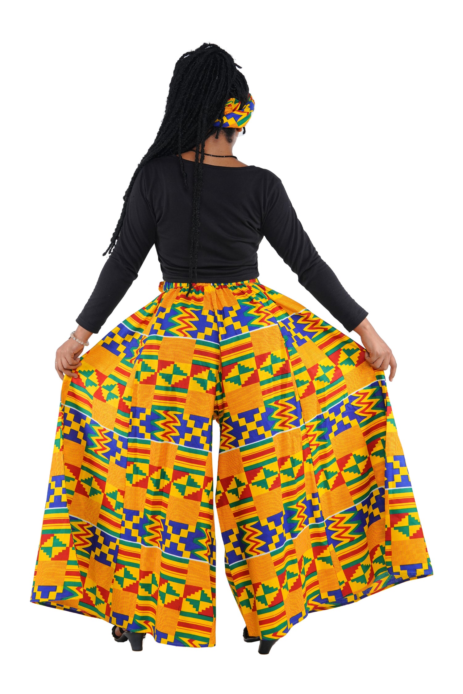 African Palazzo Pants Set w/ Headwrap | Wide Leg Cotton Pants w/ Belts & Pockets, One Size Ankara