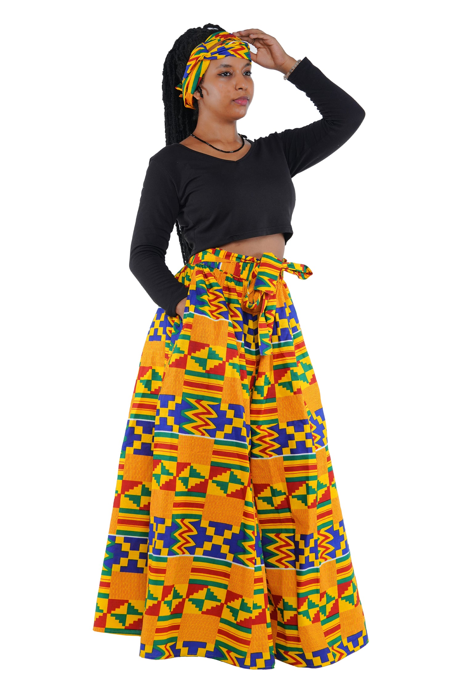 African Palazzo Pants Set w/ Headwrap | Wide Leg Cotton Pants w/ Belts & Pockets, One Size Ankara