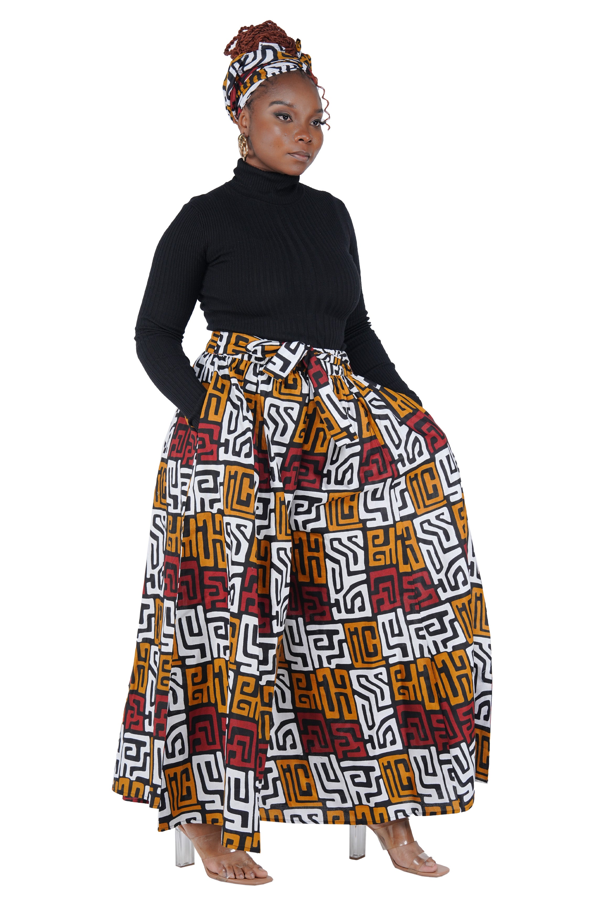 African Palazzo Pants Set w/ Headwrap | Wide Leg Cotton Pants w/ Belts & Pockets, One Size