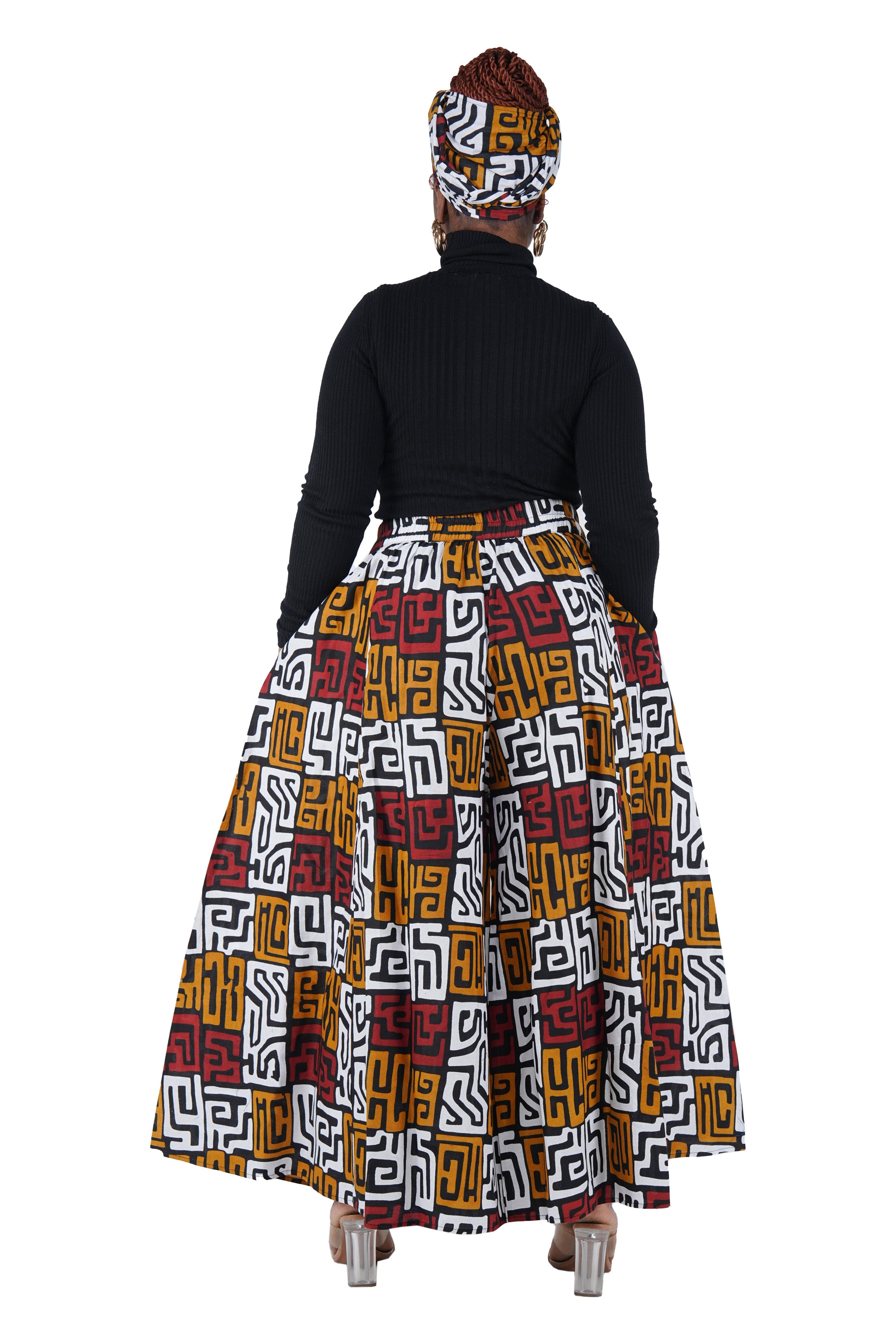 African Palazzo Pants Set w/ Headwrap | Wide Leg Cotton Pants w/ Belts & Pockets, One Size
