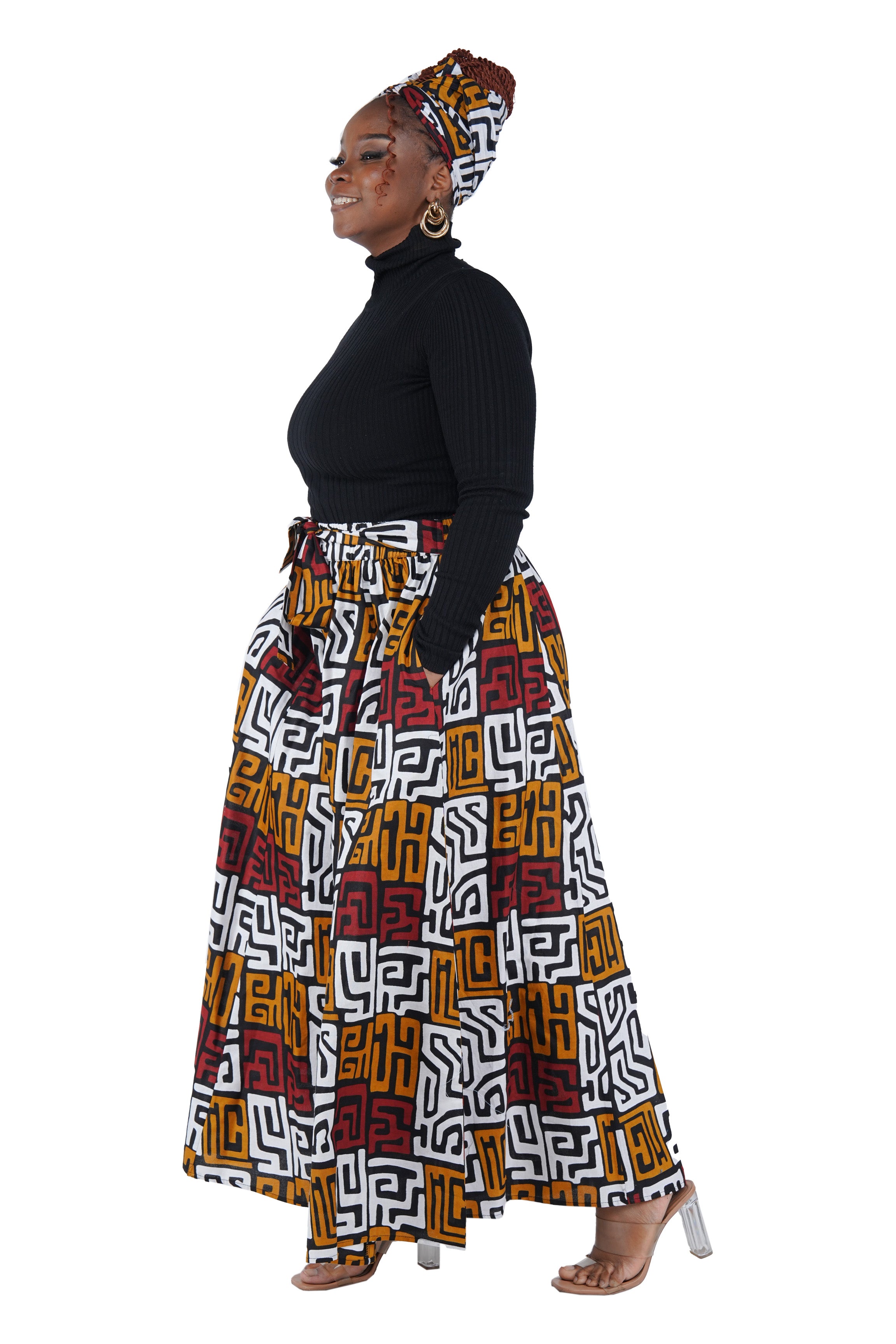 African Palazzo Pants Set w/ Headwrap | Wide Leg Cotton Pants w/ Belts & Pockets, One Size