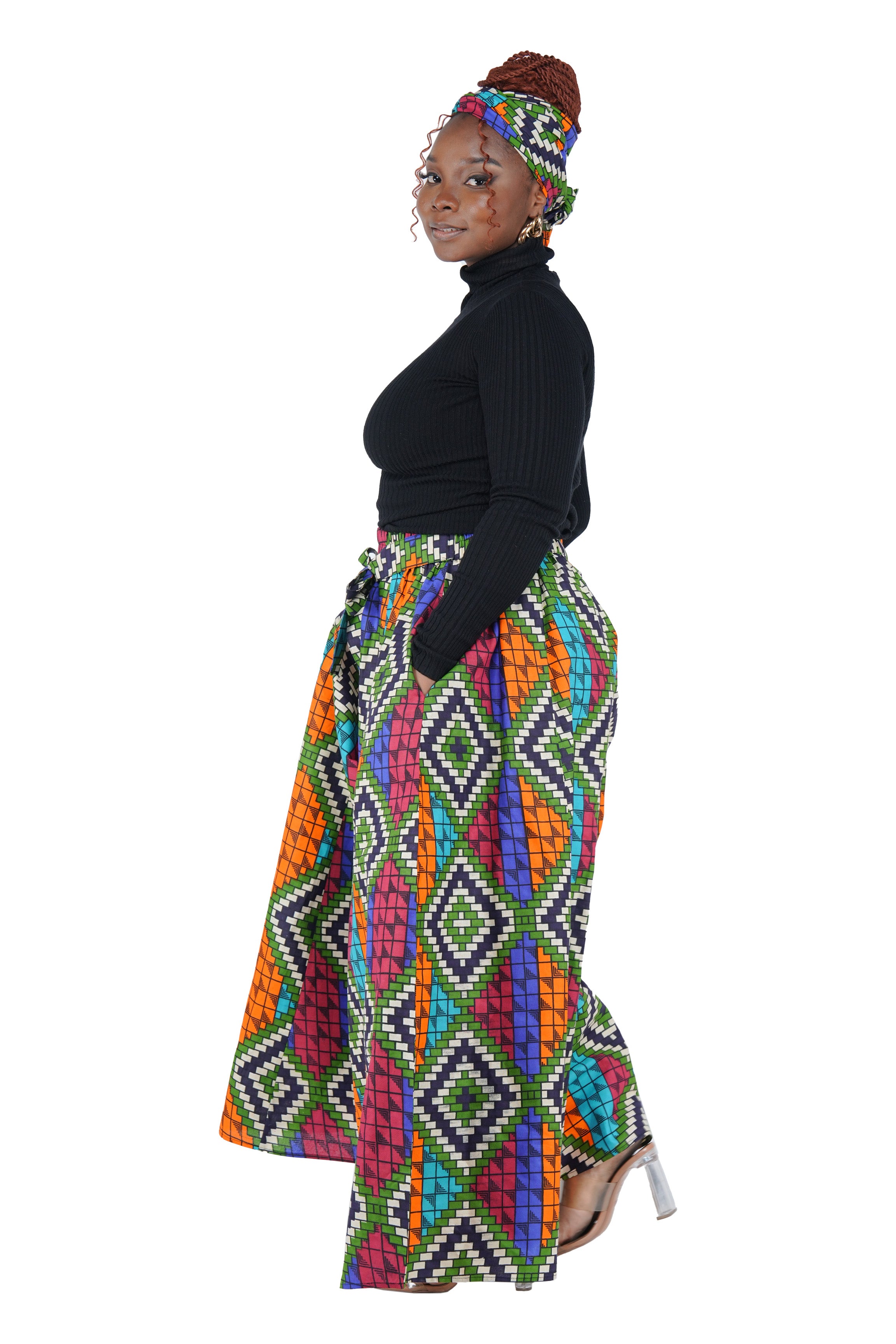 African Palazzo Pants Set w/ Headwrap | Wide Leg Cotton Pants w/ Belts & Pockets, One Size
