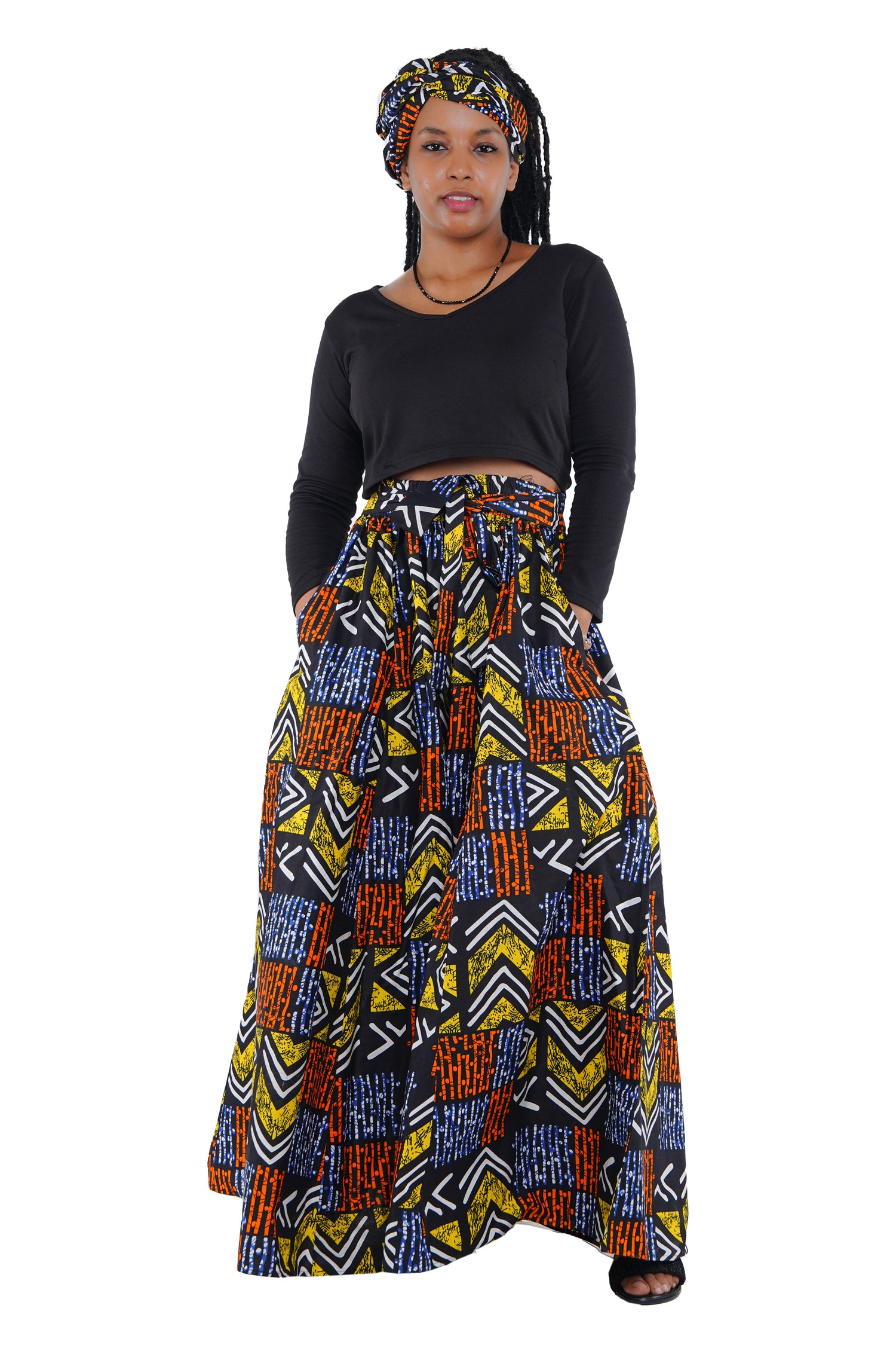 African Palazzo Pants Set w/ Headwrap | Wide Leg Cotton Pants w/ Belts & Pockets, One Size Ankara