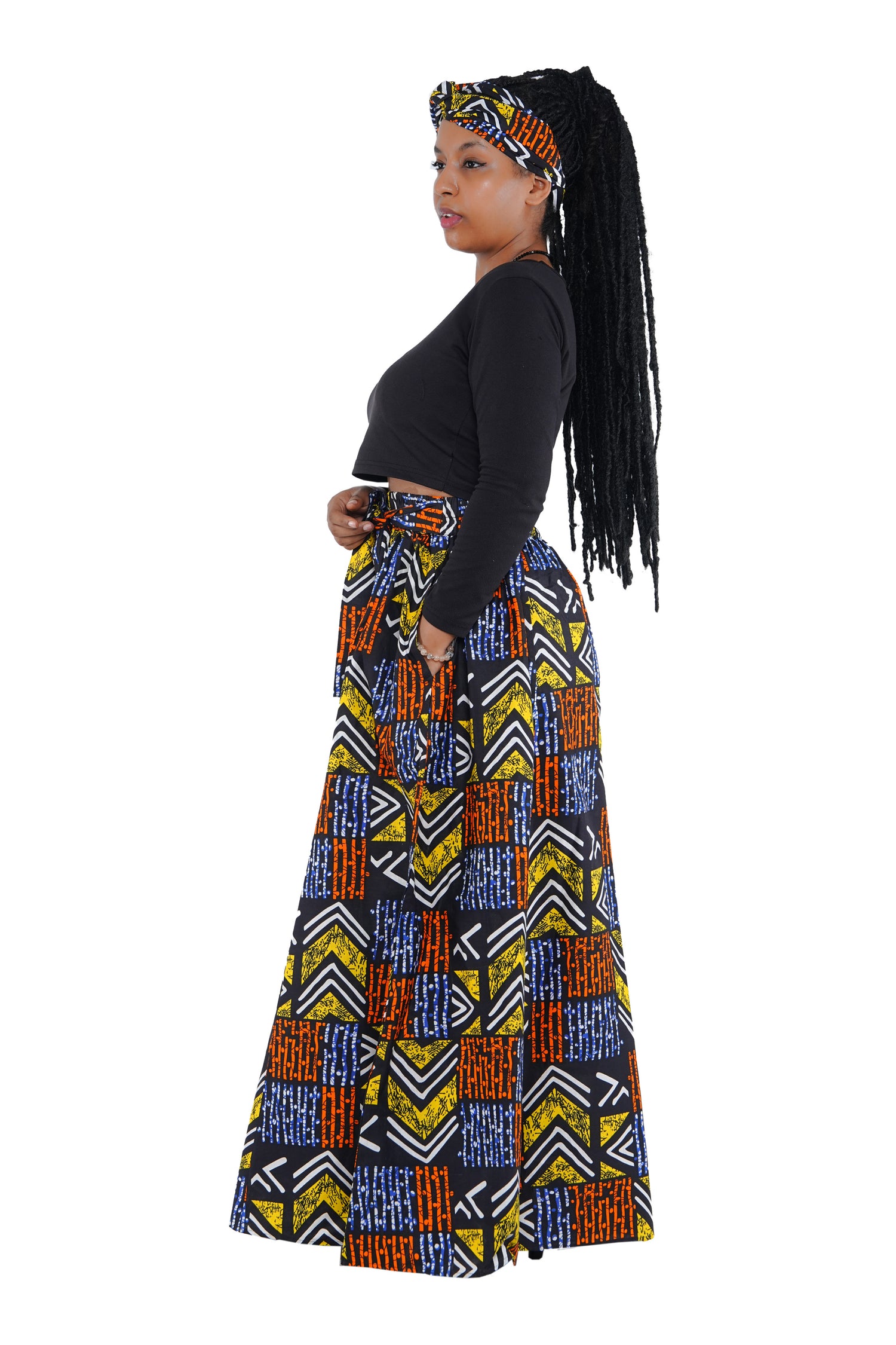 African Palazzo Pants Set w/ Headwrap | Wide Leg Cotton Pants w/ Belts & Pockets, One Size Ankara