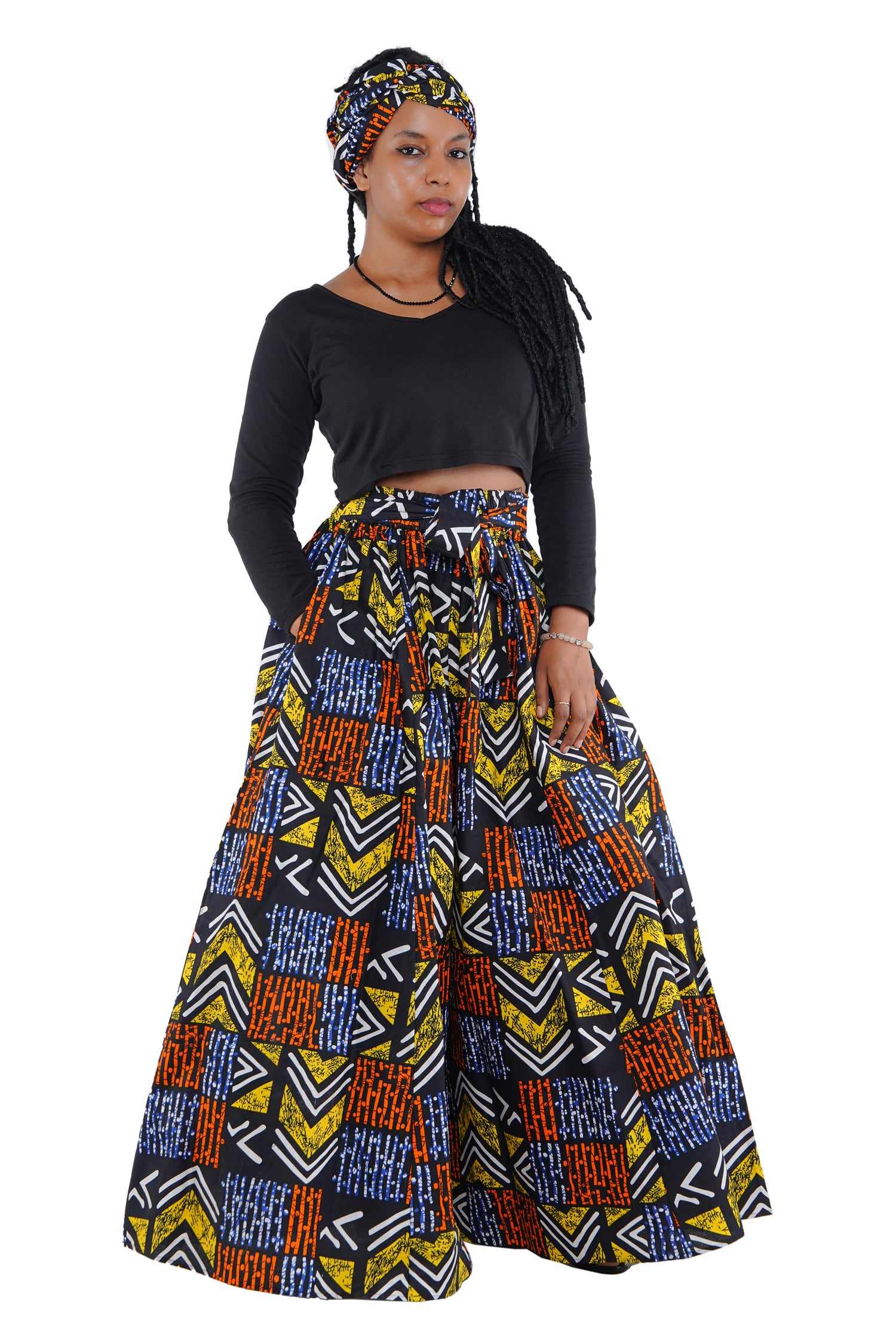 African Palazzo Pants Set w/ Headwrap | Wide Leg Cotton Pants w/ Belts & Pockets, One Size Ankara