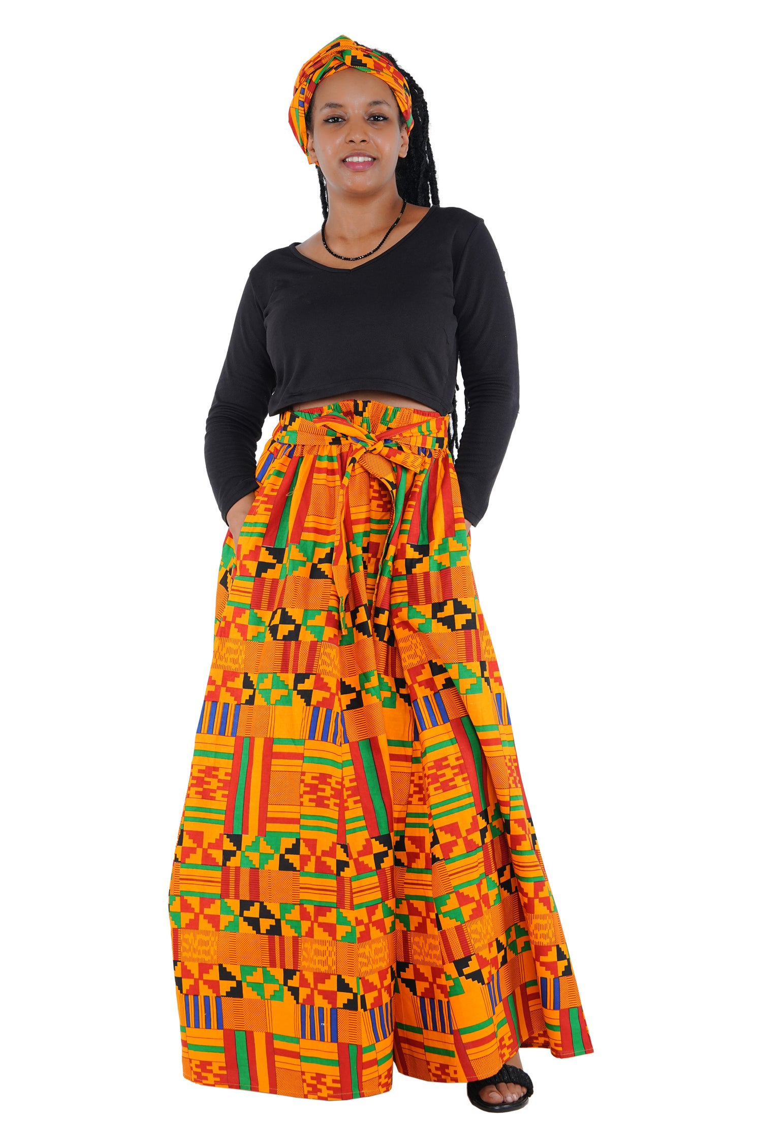 African Palazzo Pants Set w/ Headwrap | Wide Leg Cotton Pants w/ Belts & Pockets, One Size Ankara