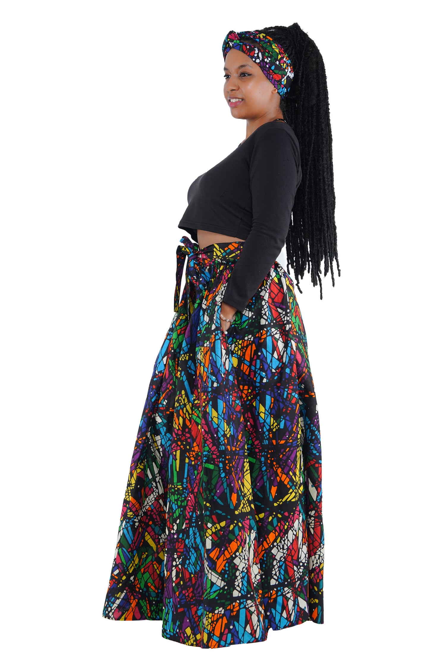 African Palazzo Pants Set w/ Headwrap | Wide Leg Cotton Pants w/ Belts & Pockets, One Size Ankara
