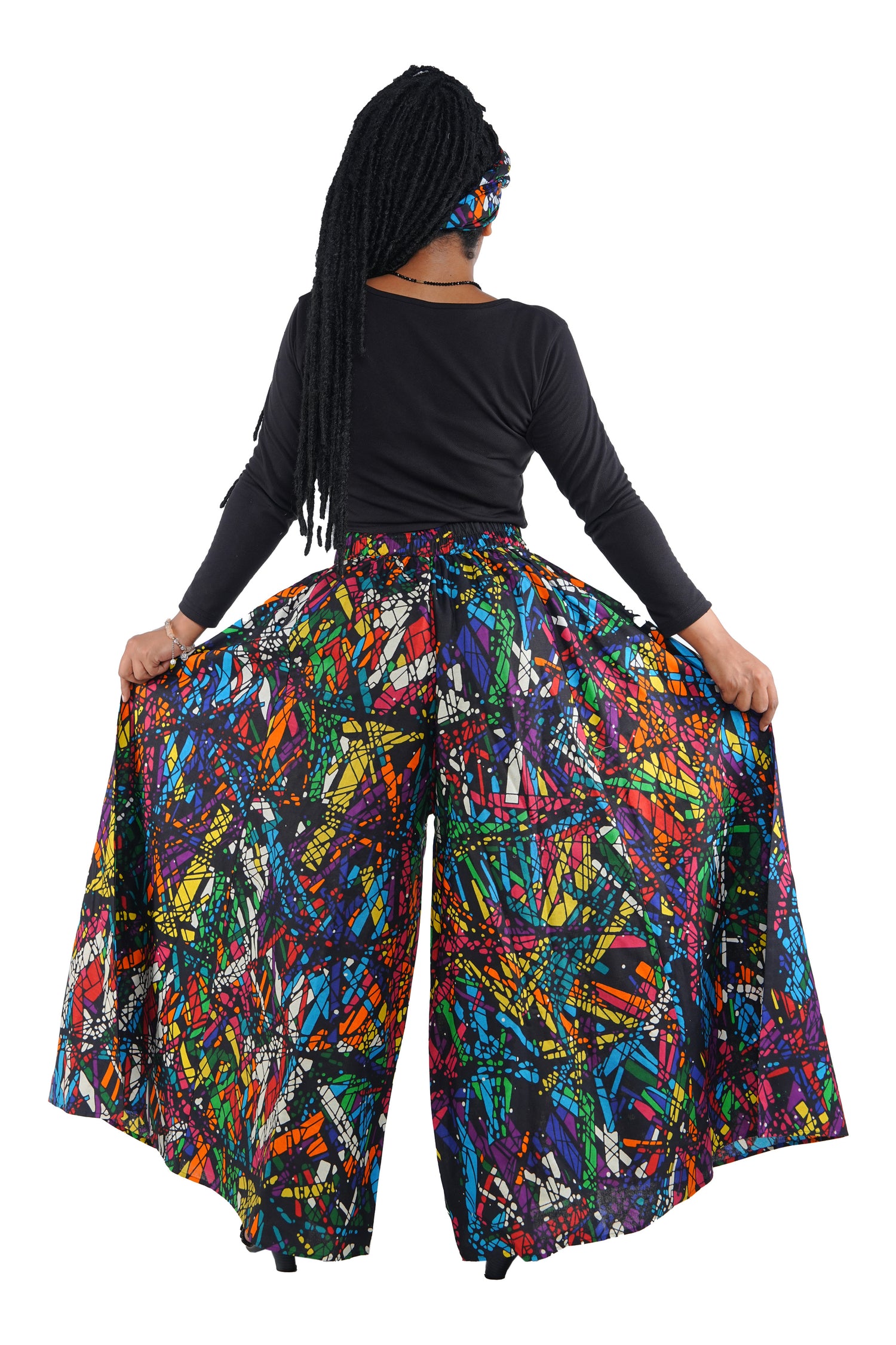 African Palazzo Pants Set w/ Headwrap | Wide Leg Cotton Pants w/ Belts & Pockets, One Size Ankara