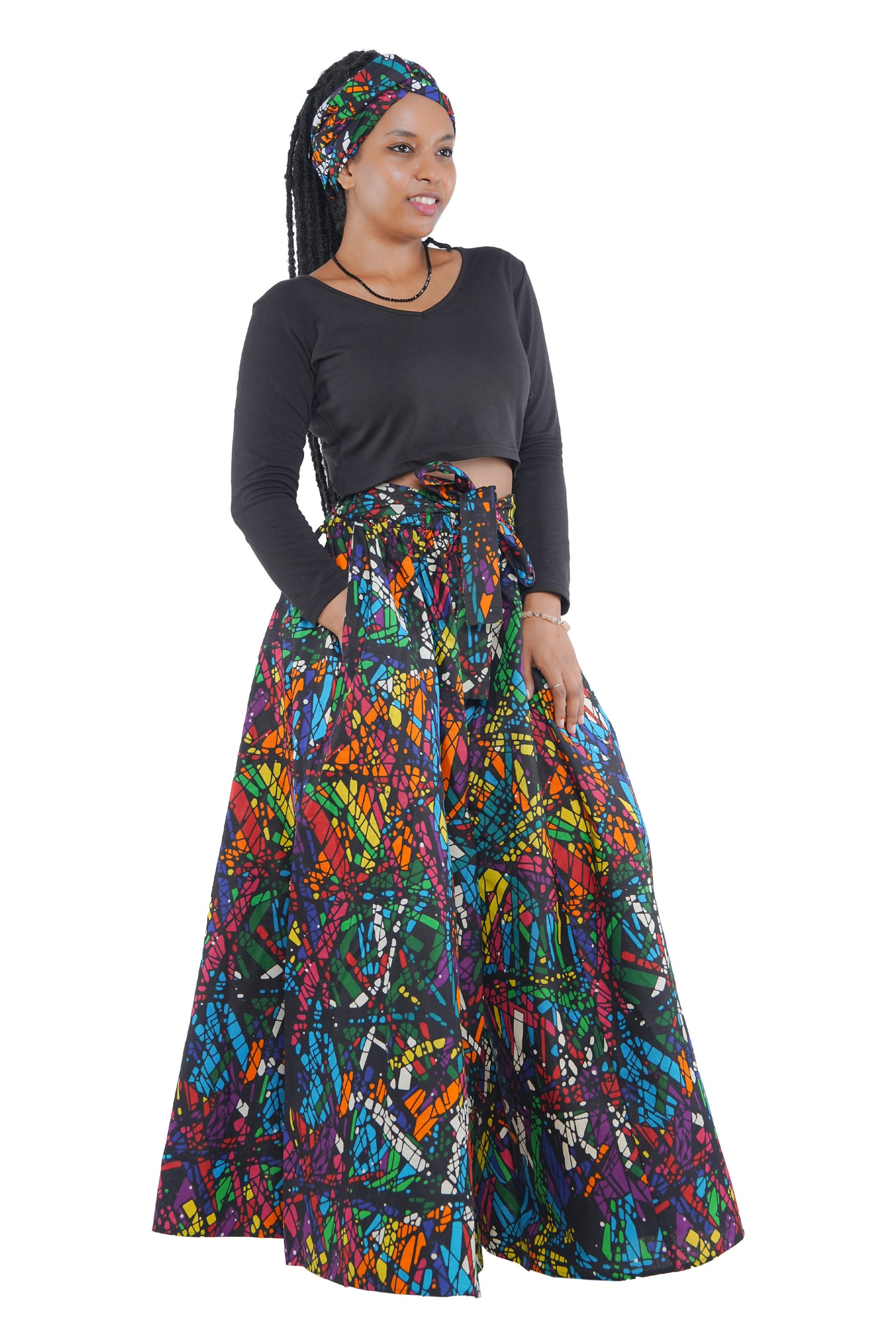 African Palazzo Pants Set w/ Headwrap | Wide Leg Cotton Pants w/ Belts & Pockets, One Size Ankara