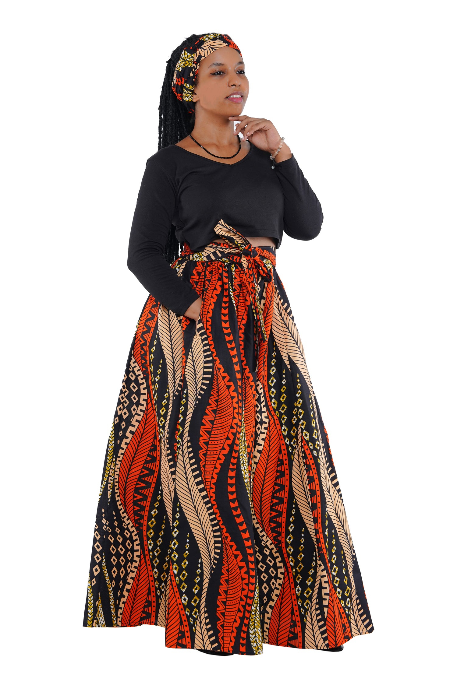 African Palazzo Pants Set w/ Headwrap | Wide Leg Cotton Pants w/ Belts & Pockets, One Size Ankara