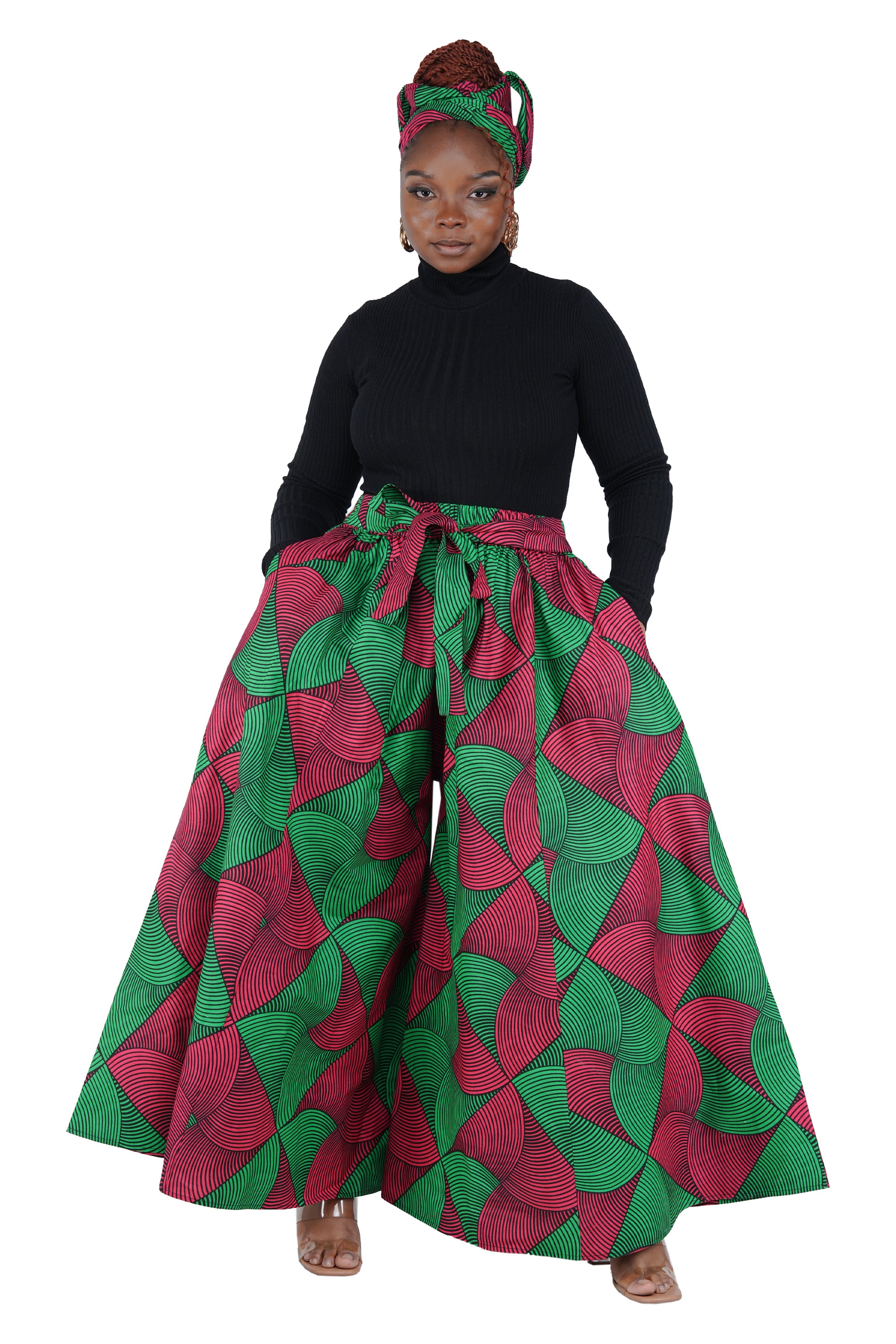 African Palazzo Pants Set w/ Headwrap | Wide Leg Cotton Pants w/ Belts & Pockets, One Size