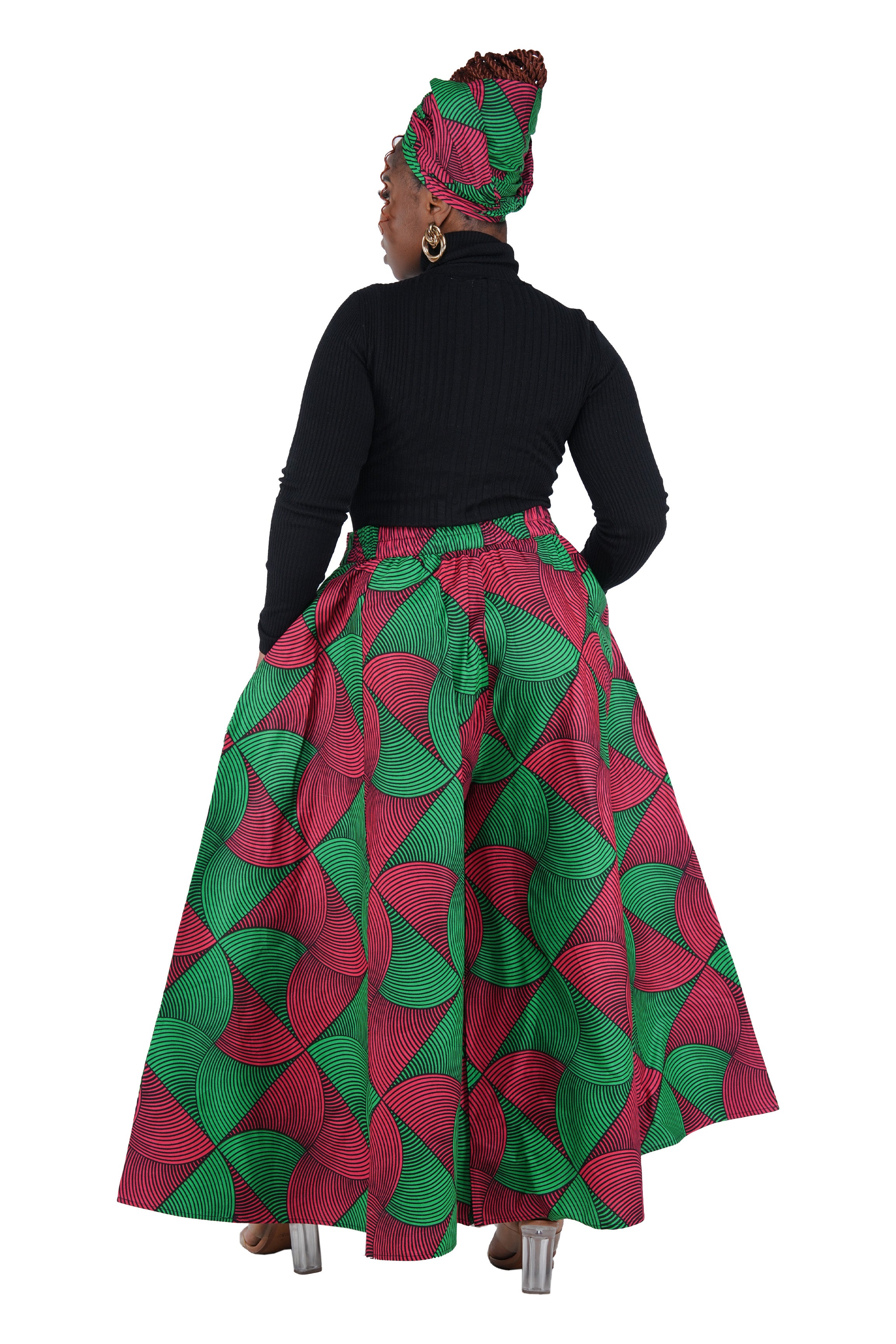 African Palazzo Pants Set w/ Headwrap | Wide Leg Cotton Pants w/ Belts & Pockets, One Size