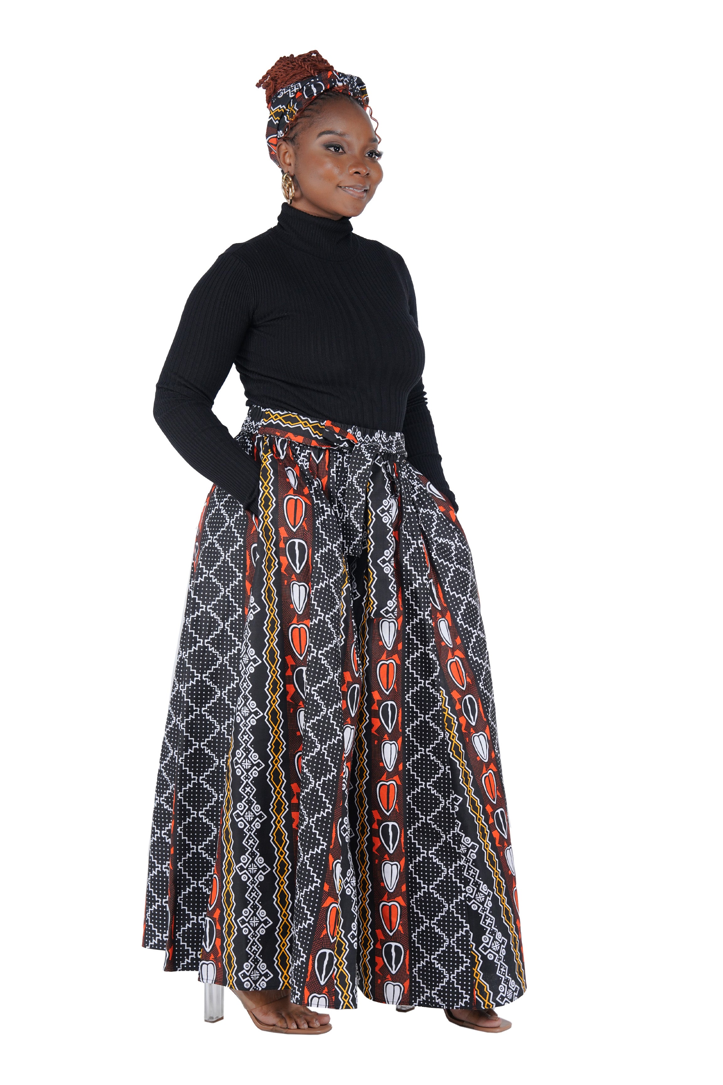 African Palazzo Pants Set w/ Headwrap | Wide Leg Cotton Pants w/ Belts & Pockets, One Size