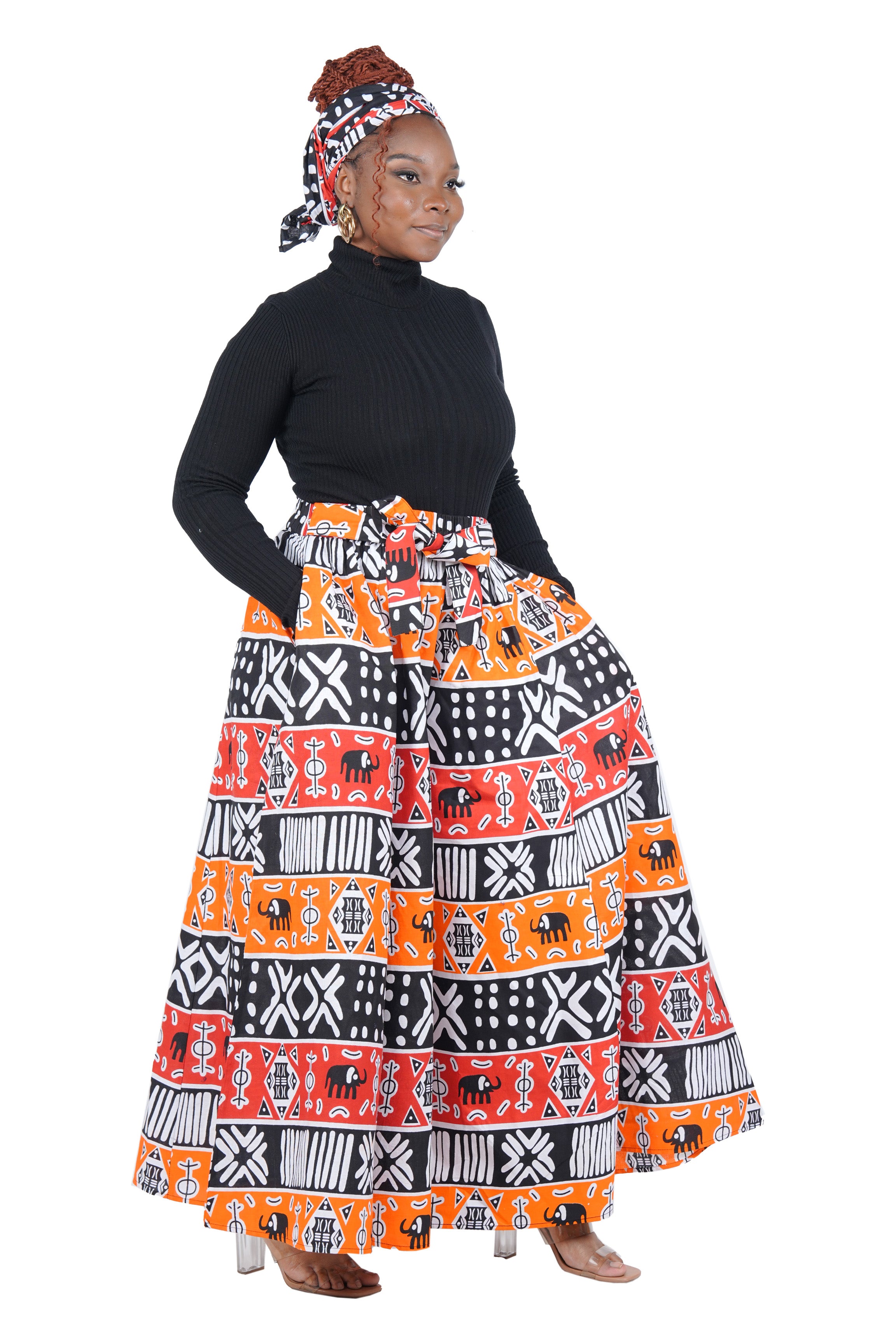 African Palazzo Pants Set w/ Headwrap | Wide Leg Cotton Pants w/ Belts & Pockets, One Size