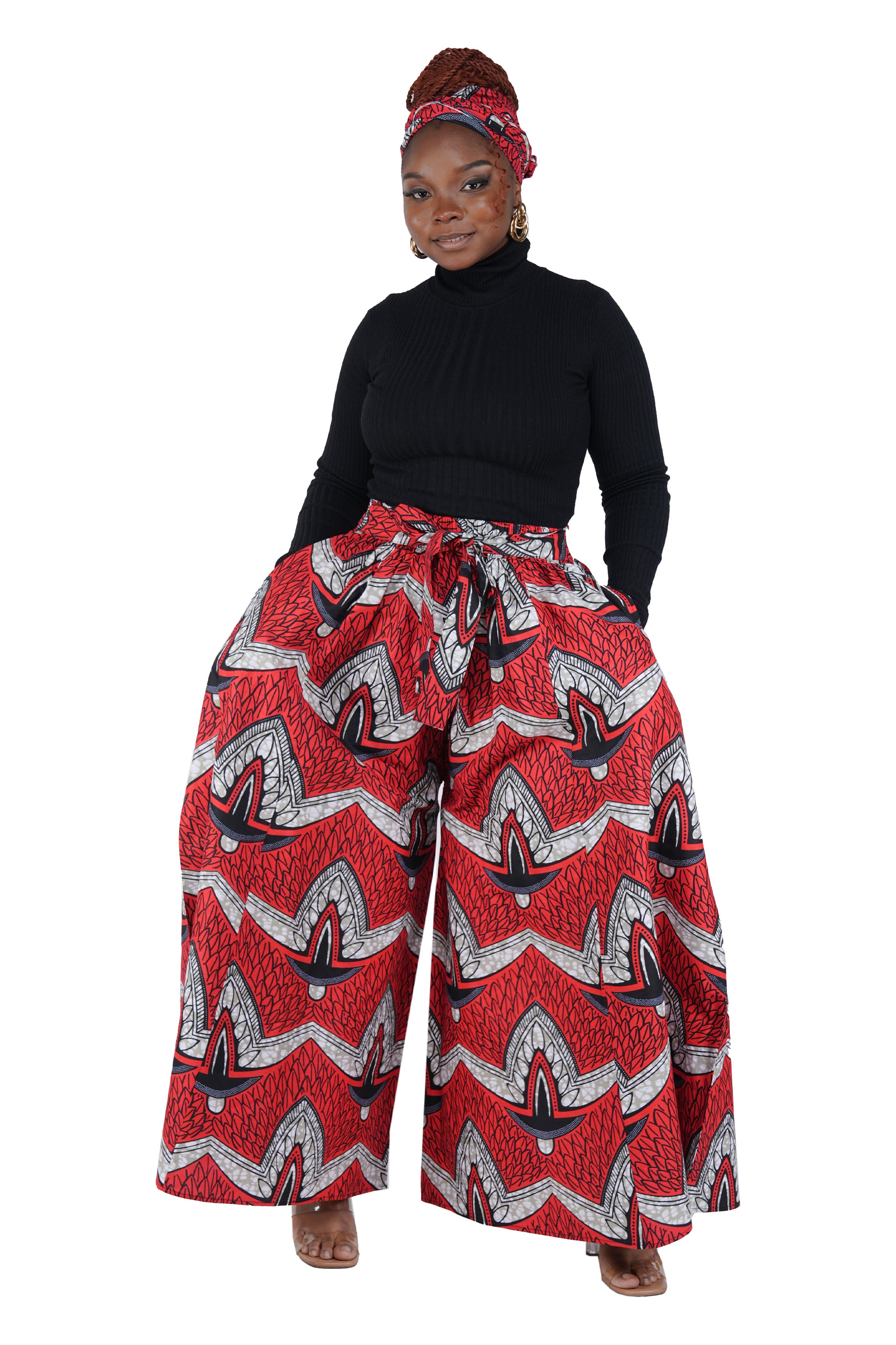 African Palazzo Pants Set w/ Headwrap | Wide Leg Cotton Pants w/ Belts & Pockets, One Size