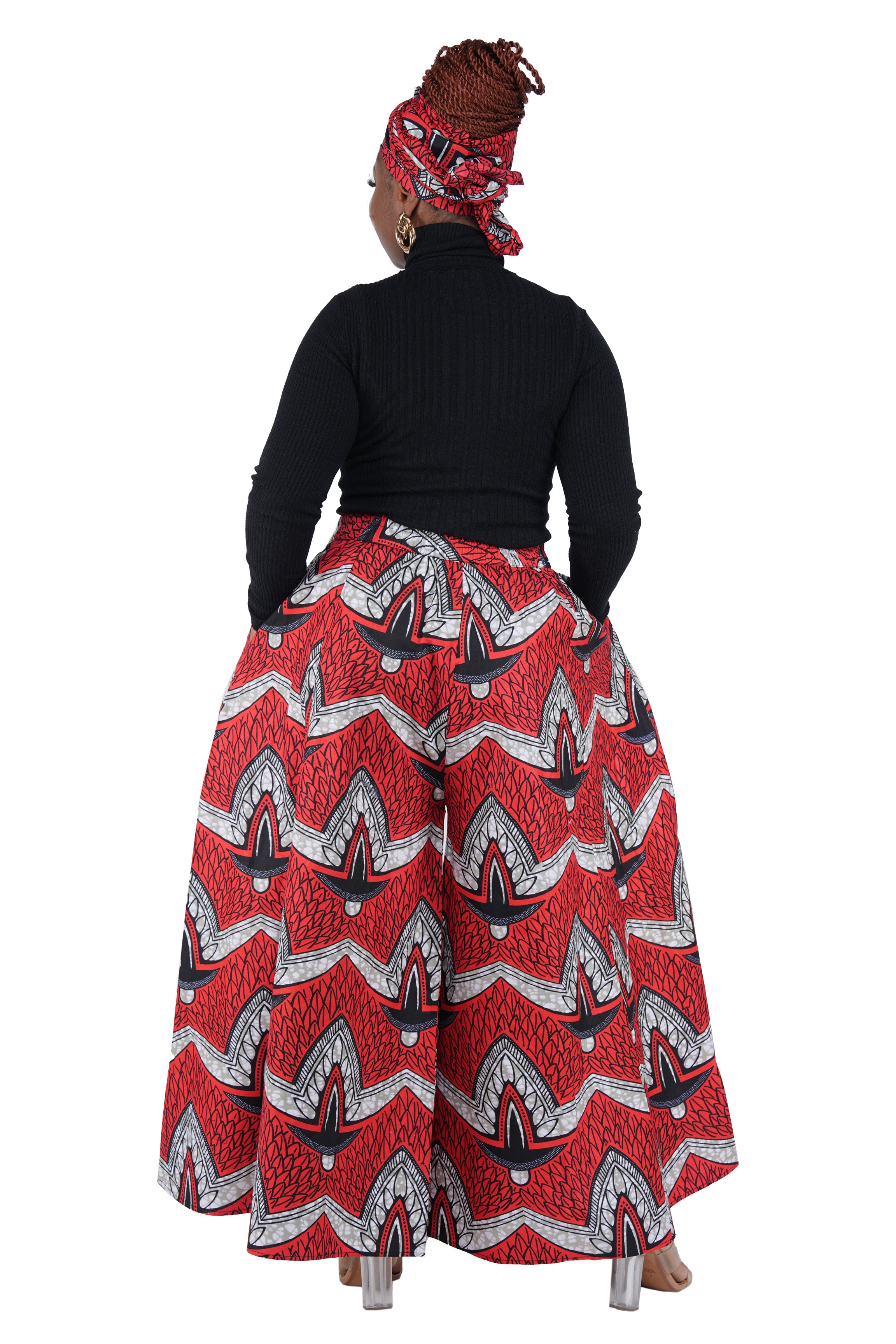 African Palazzo Pants Set w/ Headwrap | Wide Leg Cotton Pants w/ Belts & Pockets, One Size