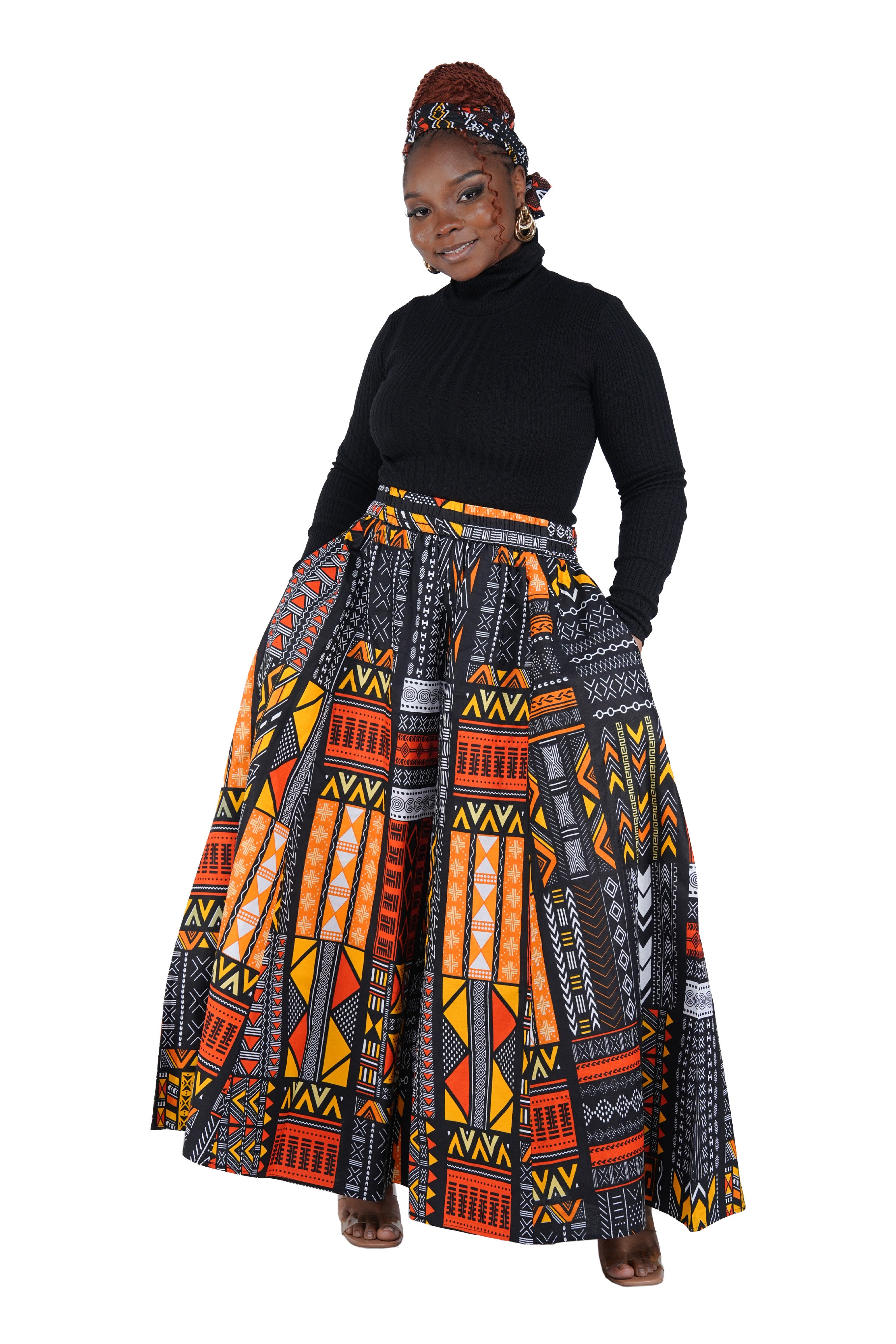 African Palazzo Pants Set w/ Headwrap | Wide Leg Cotton Pants w/ Belts & Pockets, One Size